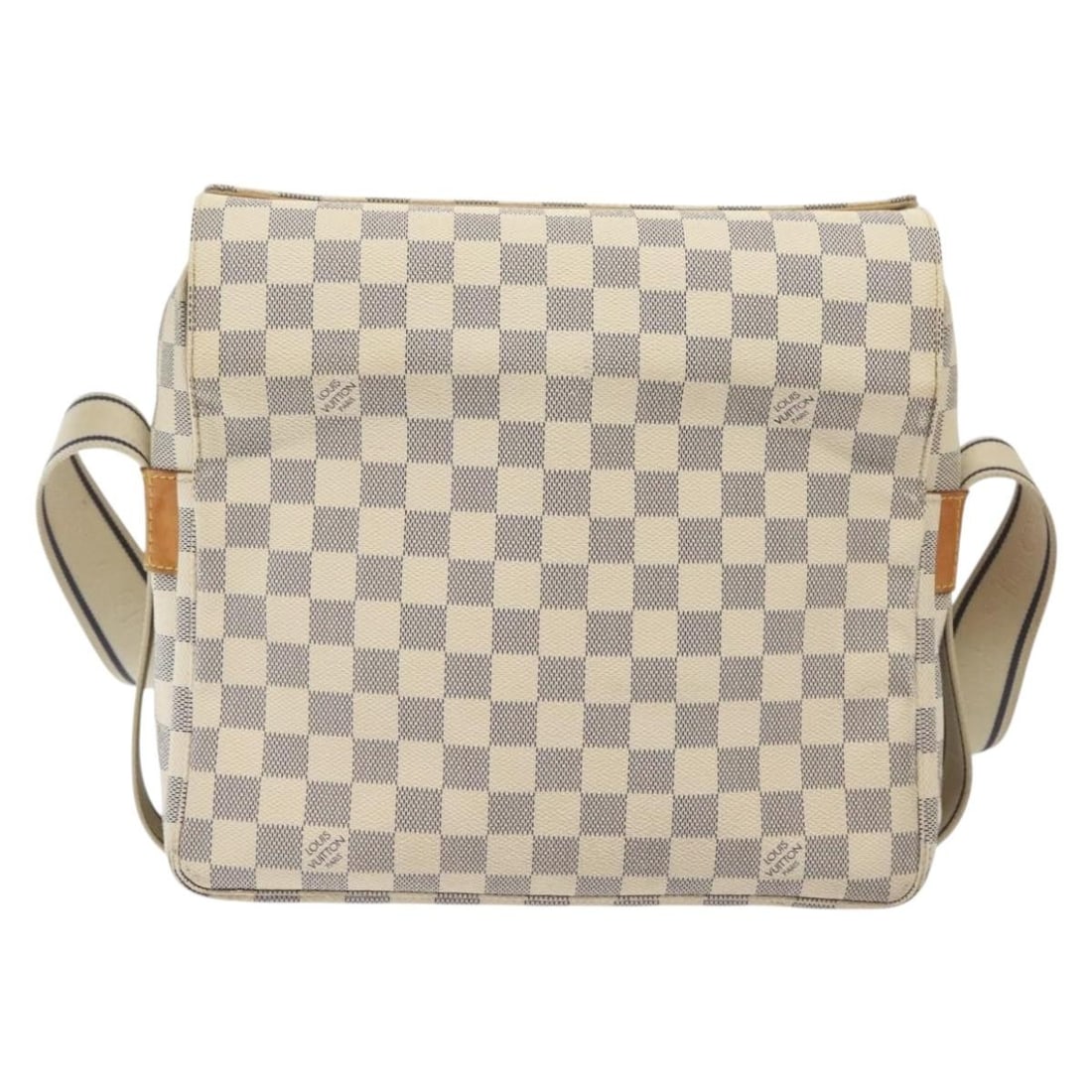 Naviglio Canvas Shoulder Bag by Louis Vuitton in White: Naviglio Canvas Shoulder Bag by Louis Vuitton in White The Louis Vuitton Naviglio Handbag in Damier canvas features a unisex design in white. This bag shows signs of use, including some loss of shape,
