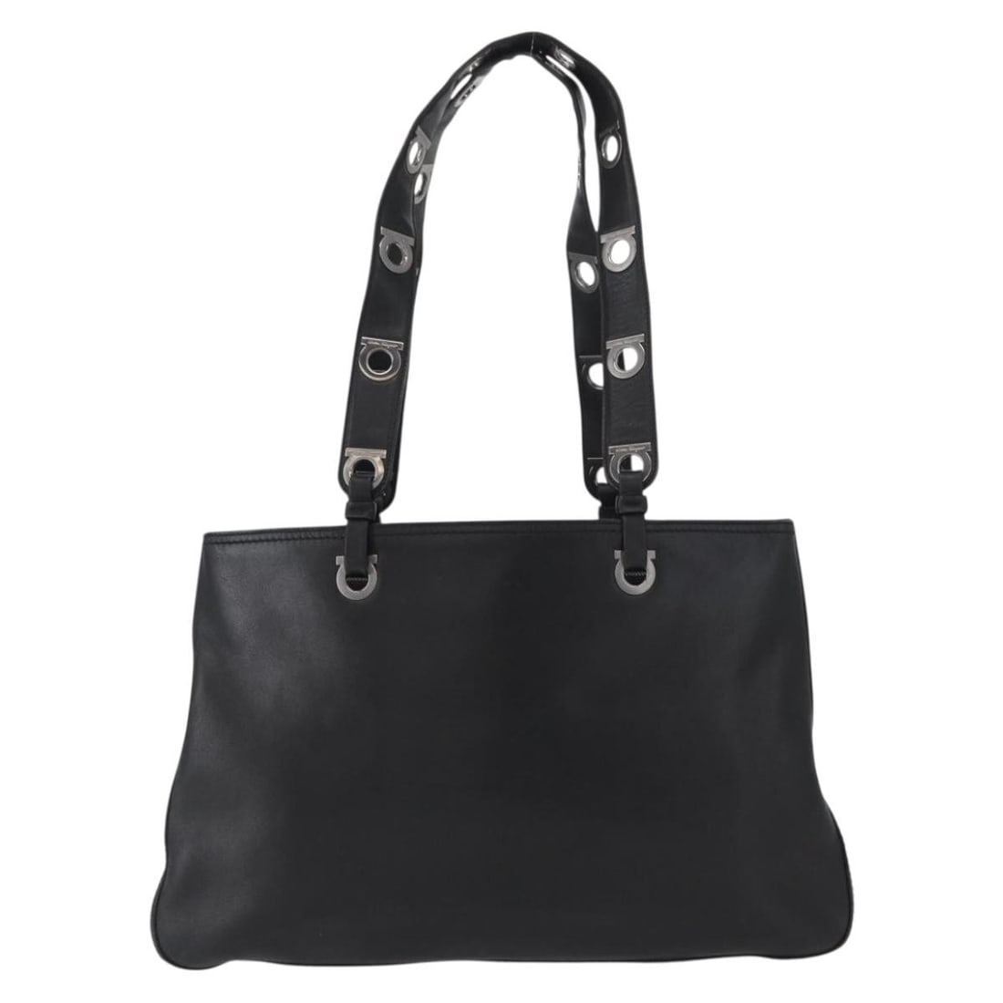 Salvatore Ferragamo Gancini Black Leather Tote Bag: Salvatore Ferragamo Gancini Black Leather Tote Bag This Salvatore Ferragamo Gancini Tote is crafted from black leather and designed for women. The bag features a spacious interior with practical pocke