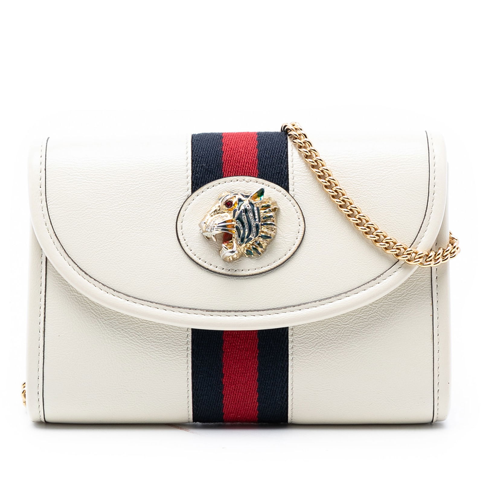 Gucci Mini Rajah Web White Leather Chain Crossbody Bag: Gucci Mini Rajah Web White Leather Chain Crossbody Bag This Gucci Mini Leather Rajah Web Chain Crossbody features a white leather body with a chain link strap and a flap secured by a magnetic button c