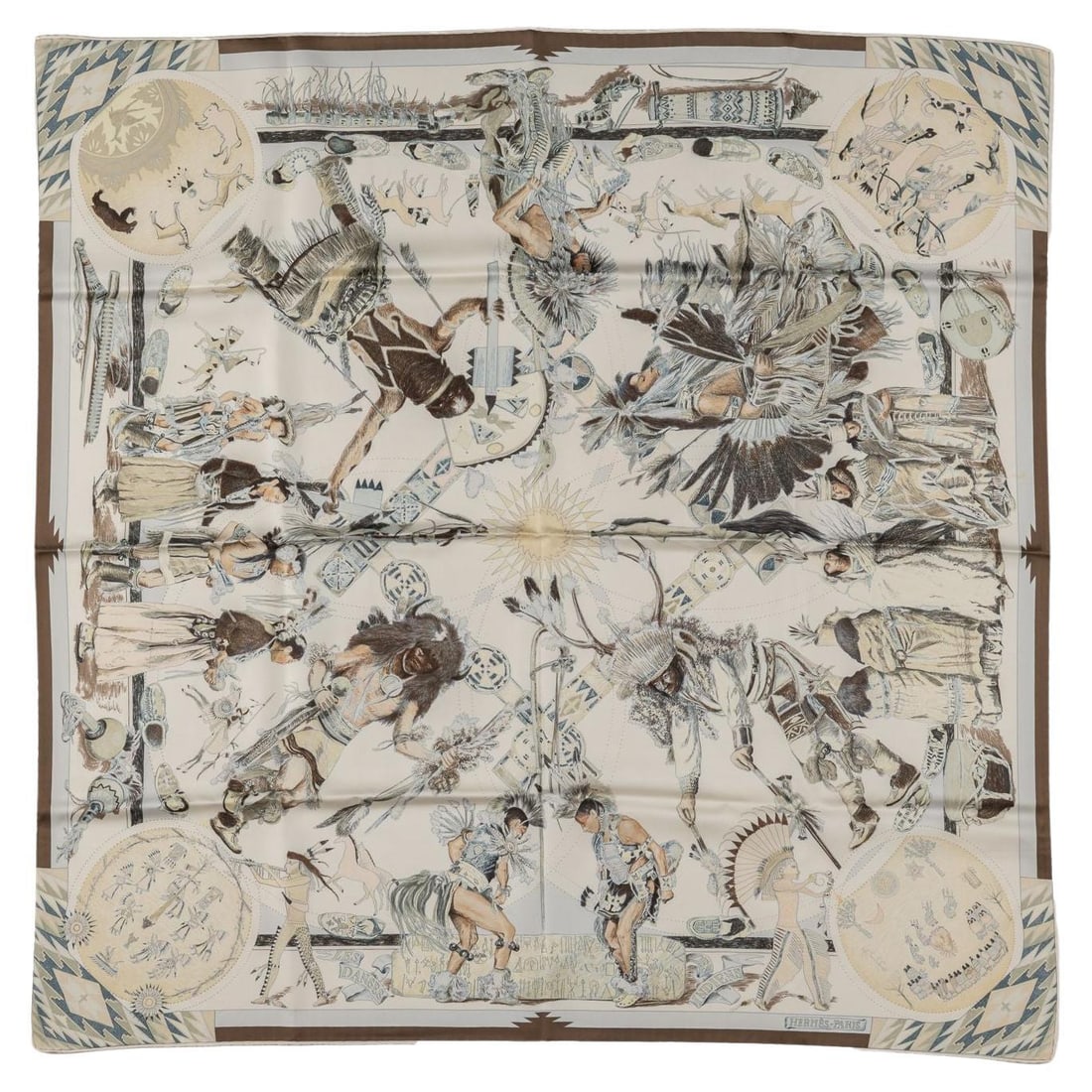 Hermes Les Danses Des Indiennes Silk Scarf 35x35 in France: Hermes Les Danses Des Indiennes Silk Scarf 35x35 in France Elevate your style with the Hermes "Les Danses Des Indiennes" Scarf, a stunning piece crafted from 100% silk, featuring elegantly rolled edge