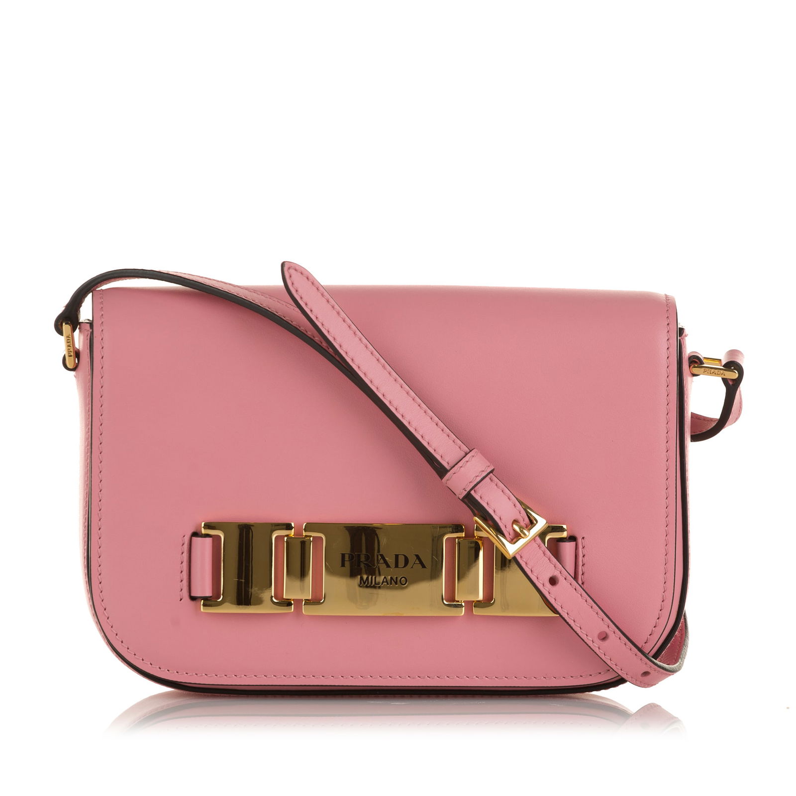 Prada Glace Calf Studded Crossbody Bag Pink Leather: Prada Glace Calf Studded Crossbody Bag Pink Leather The Prada Glace Calf Etiquette Crossbody bag exudes elegance and practicality. Crafted from high-quality leather, this stylish crossbody features a