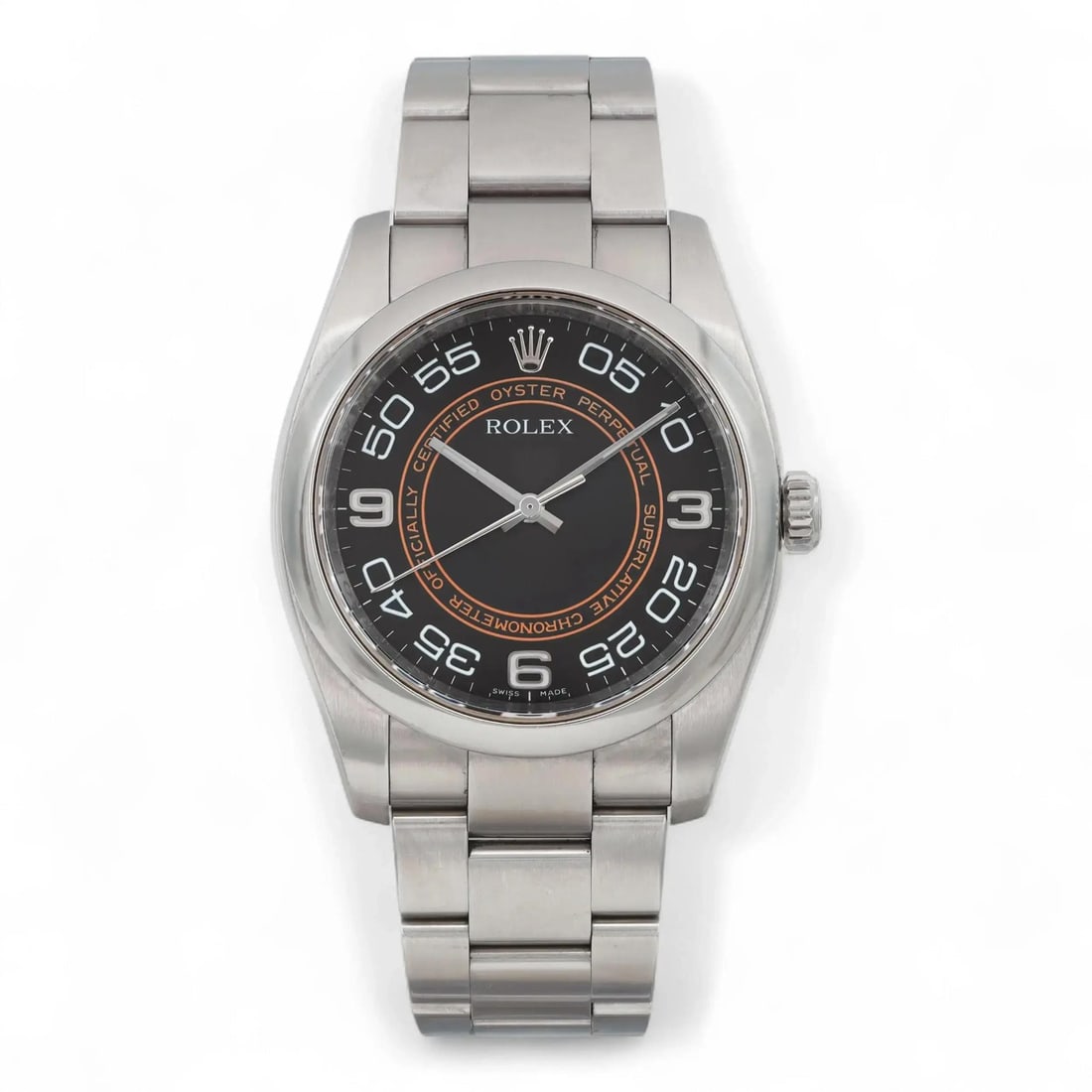 Oyster Perpetual 36 Black Sunburst Dial Steel Watch with Harley Davidson Theme 116000: Oyster Perpetual 36 Black Sunburst Dial Steel Watch with Harley Davidson Theme 116000 This Rolex Oyster Perpetual 36 men's wristwatch features a rare Harley Davidson black sunburst dial with Arabic nu