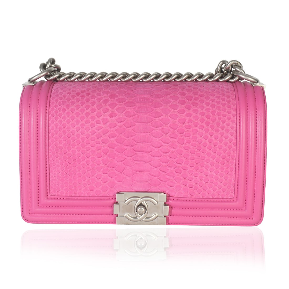 Pink Matte Python Old Medium Boy Crossbody Shoulder Bag by Chanel: Pink Matte Python Old Medium Boy Crossbody Shoulder Bag by Chanel This Chanel Old Medium Boy Bag features a pink matte python leather exterior complemented by silver-tone hardware. The bag can be worn