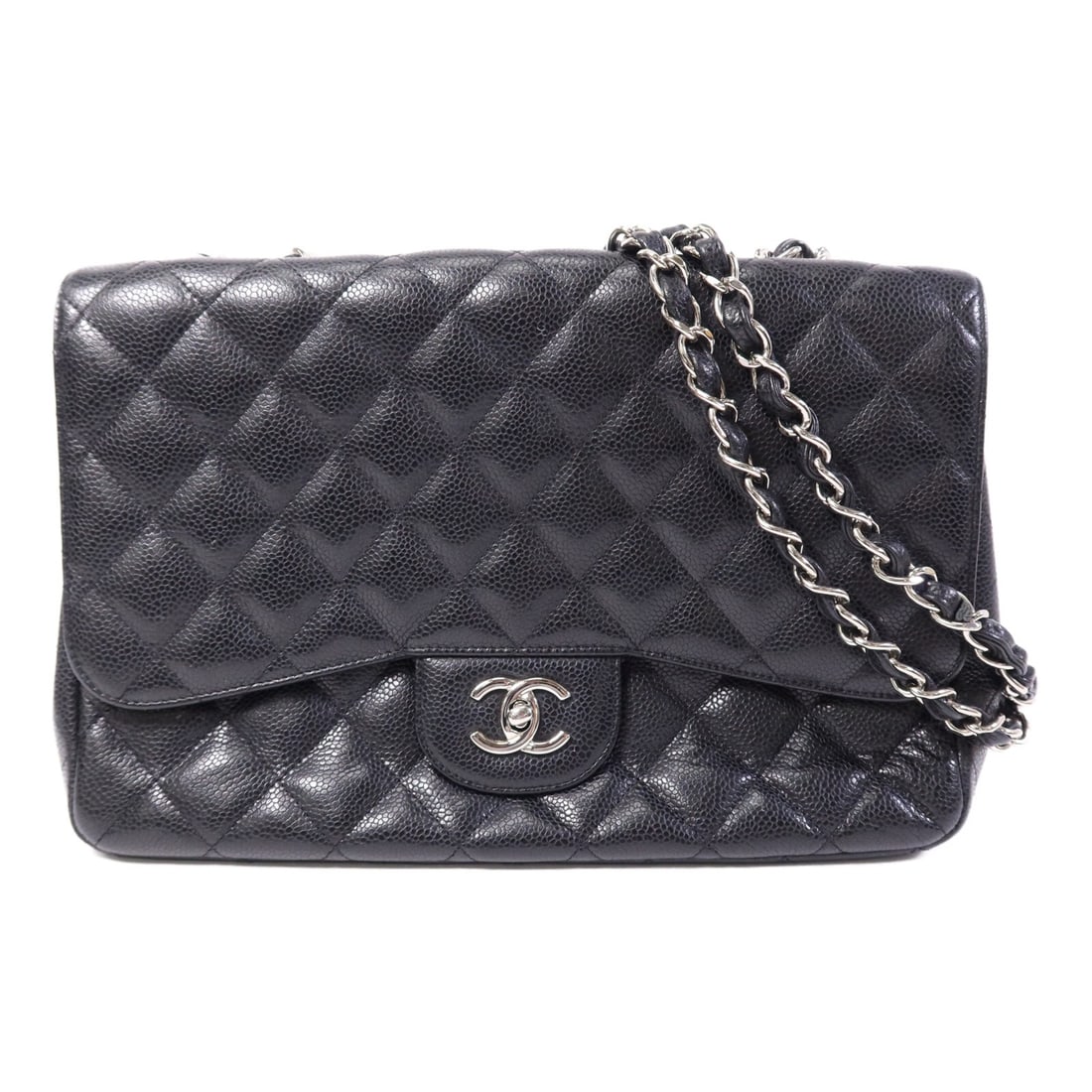 Black Calfskin Large Classic Shoulder Bag by CHANEL with Silver Chain: Black Calfskin Large Classic Shoulder Bag by CHANEL with Silver Chain This large Chanel Classic Chain Shoulder Bag features black calfskin leather and silver-tone hardware. Designed with a signature C