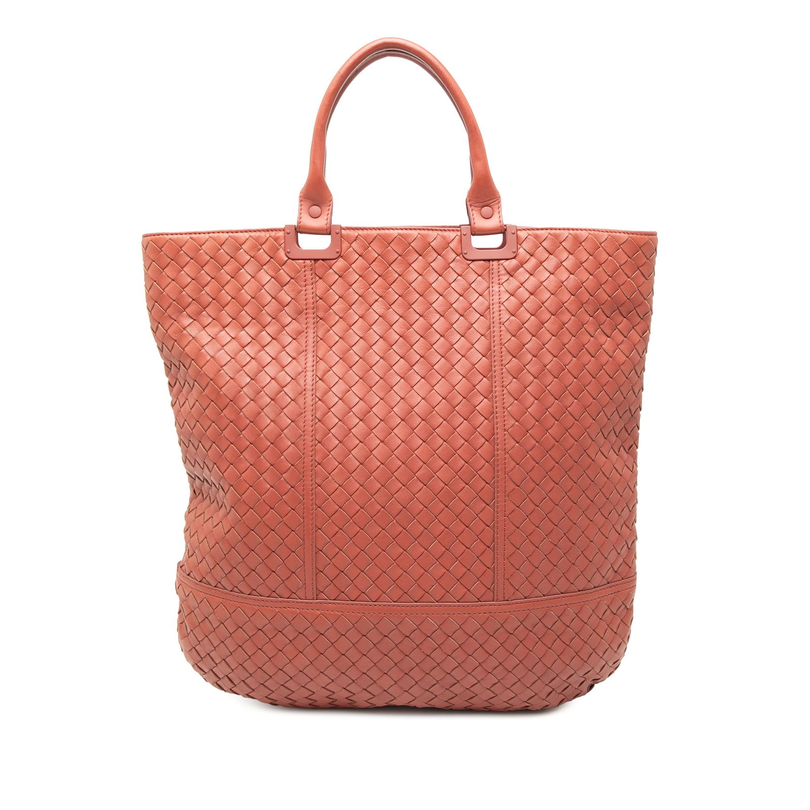 Orange woven leather tote bag by Bottega Veneta Nappa Intrecciato: Orange woven leather tote bag by Bottega Veneta Nappa Intrecciato This tote bag showcases Bottega Veneta's signature woven nappa leather design with rolled leather handles and a top zip closure. The b