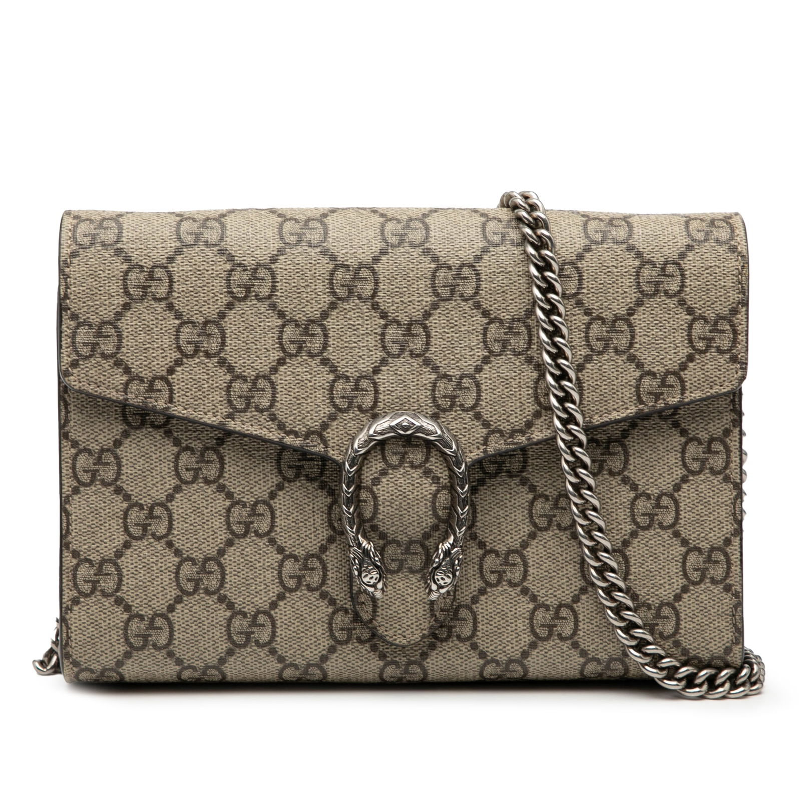 Gucci Dionysus GG Supreme Chain Wallet in Brown Coated Canvas: Gucci Dionysus GG Supreme Chain Wallet in Brown Coated Canvas This Gucci GG Supreme Dionysus Chain Wallet features a coated canvas exterior in brown, a silver-tone curb chain strap, a front flap with