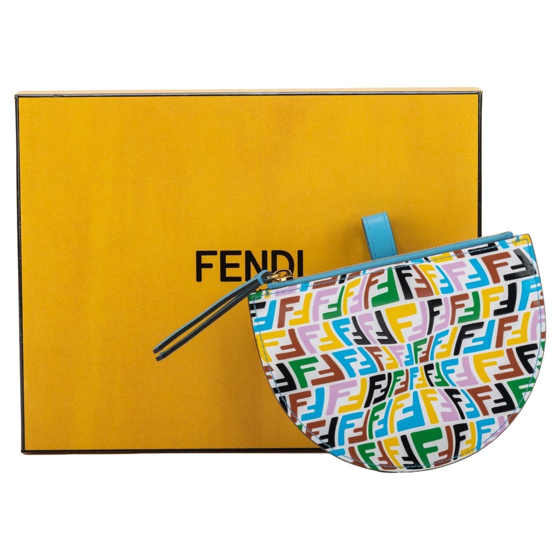 Fendi Half Moon Multicolor Coin Case with Gold Tone Hardware: Fendi Half Moon Multicolor Coin Case with Gold Tone Hardware This Fendi Half Moon Color Coin Case is a stylish accessory that combines functionality with designer flair. Crafted in Italy, this multico