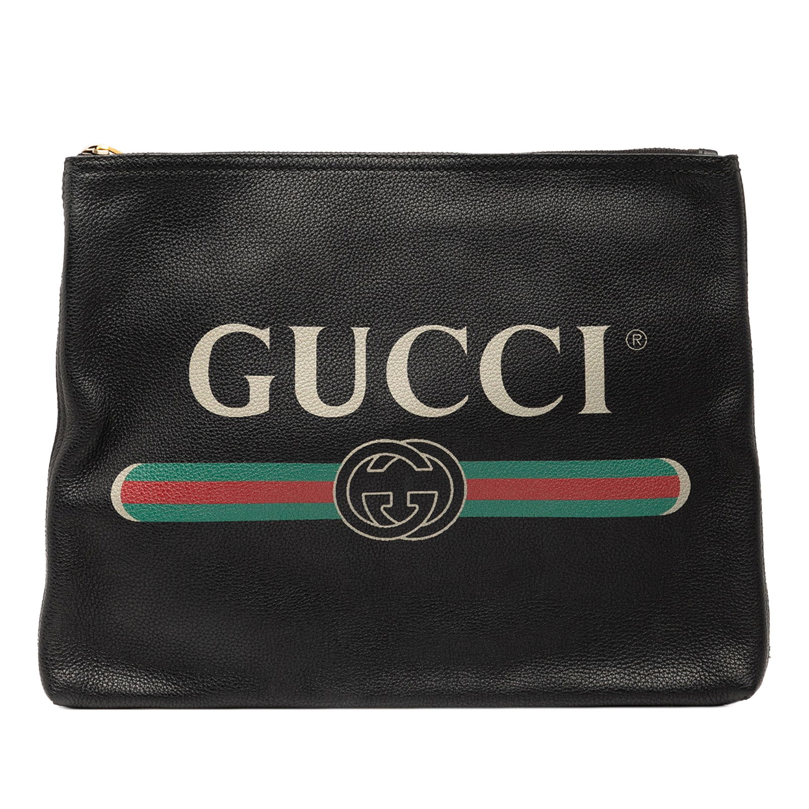 Gucci Black Medium Leather Logo Portfolio Clutch Bag: Gucci Black Medium Leather Logo Portfolio Clutch Bag This stylish Gucci Medium Leather Logo Portfolio Clutch is crafted from printed leather, featuring a secure top zip closure. Designed in Italy, thi