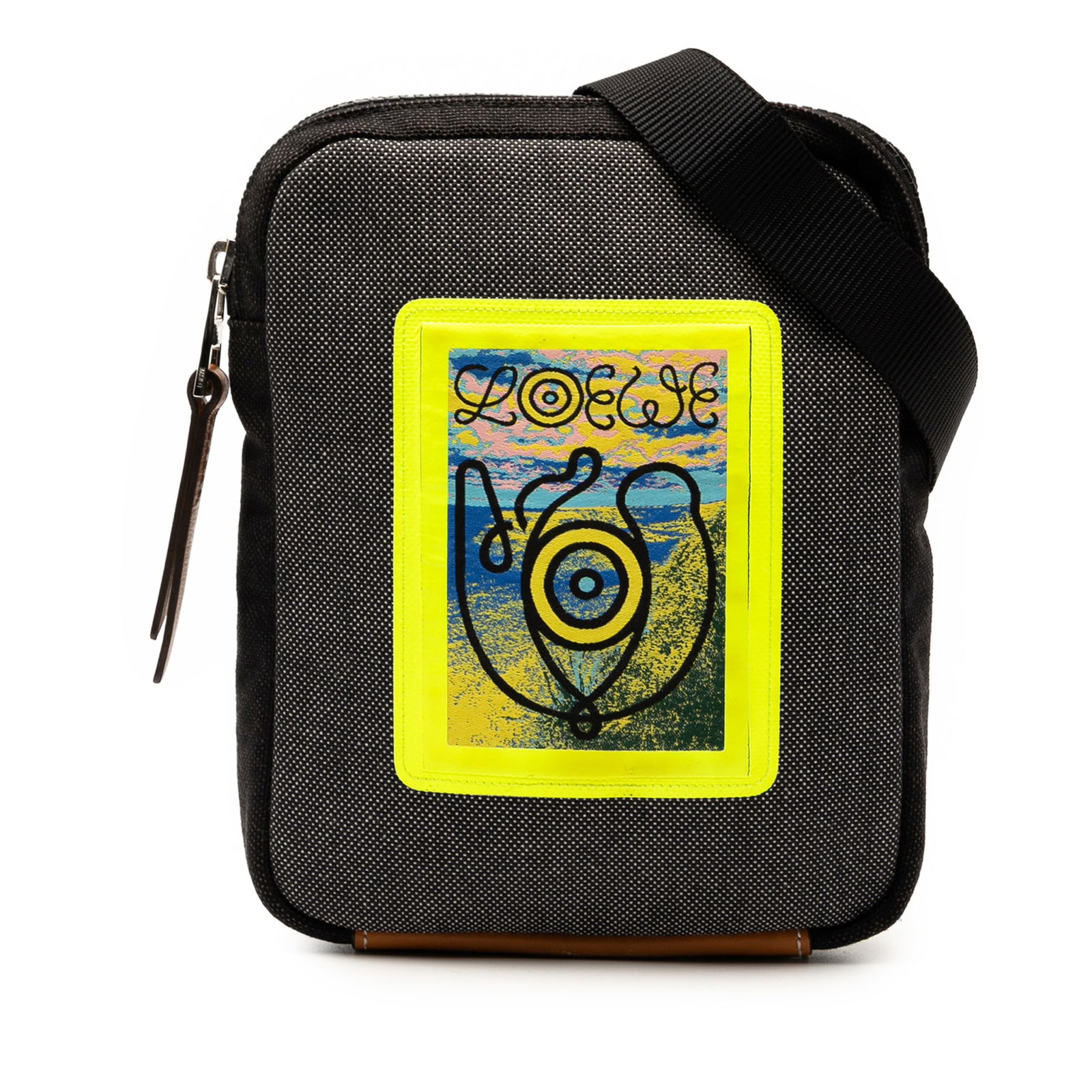 LOEWE Gray Canvas Eye Loewe Nature Crossbody Bag: LOEWE Gray Canvas Eye Loewe Nature Crossbody Bag This LOEWE Canvas Eye Loewe Nature Neck Pouch is a stylish and functional crossbody bag crafted from printed canvas. It features an adjustable shoulder