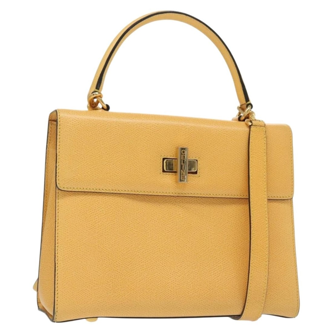 Celine Leather Convertible Top Handle Bag Vintage Yellow: Celine Leather Convertible Top Handle Bag Vintage Yellow This vintage convertible top handle bag by Celine is crafted from yellow leather and designed for women. It features a turnlock closure and inc