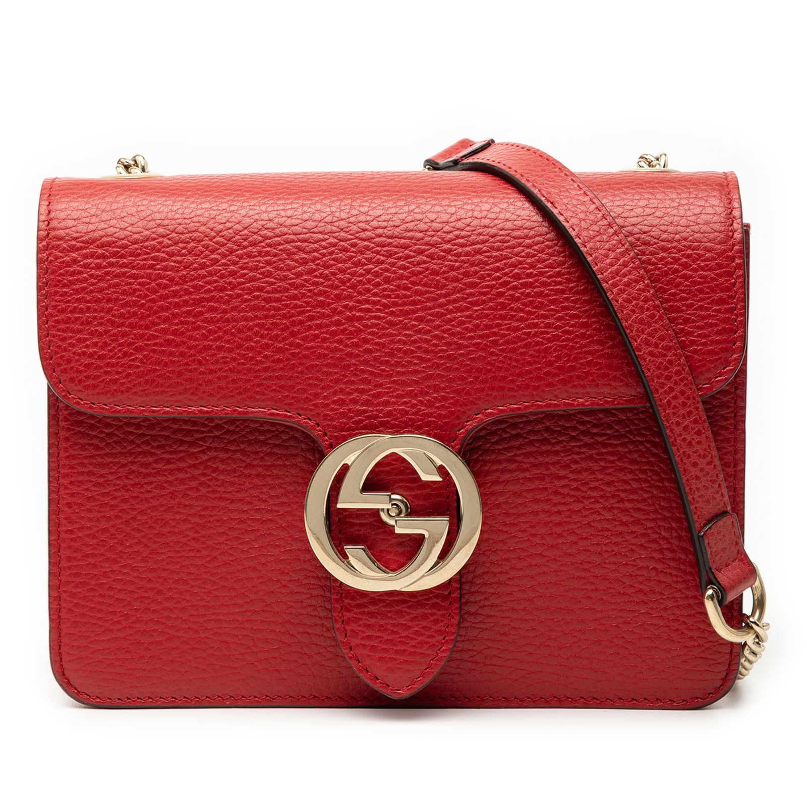 Gucci Interlocking G Small Red Leather Crossbody Bag: Gucci Interlocking G Small Red Leather Crossbody Bag This Gucci Small Dollar Calfskin Interlocking G Crossbody bag features a red leather body, a chain-link shoulder strap with a leather shoulder guar