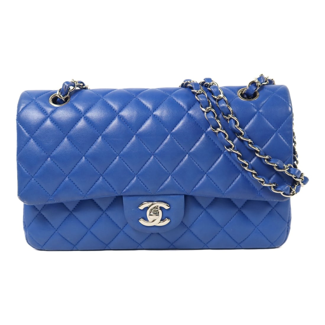 Blue Lambskin CHANEL Classic 25 Shoulder Bag with Silver Tone Chain: Blue Lambskin CHANEL Classic 25 Shoulder Bag with Silver Tone Chain This CHANEL Classic 25 chain shoulder bag features blue lambskin leather and silver-tone hardware. It is designed in a regular size