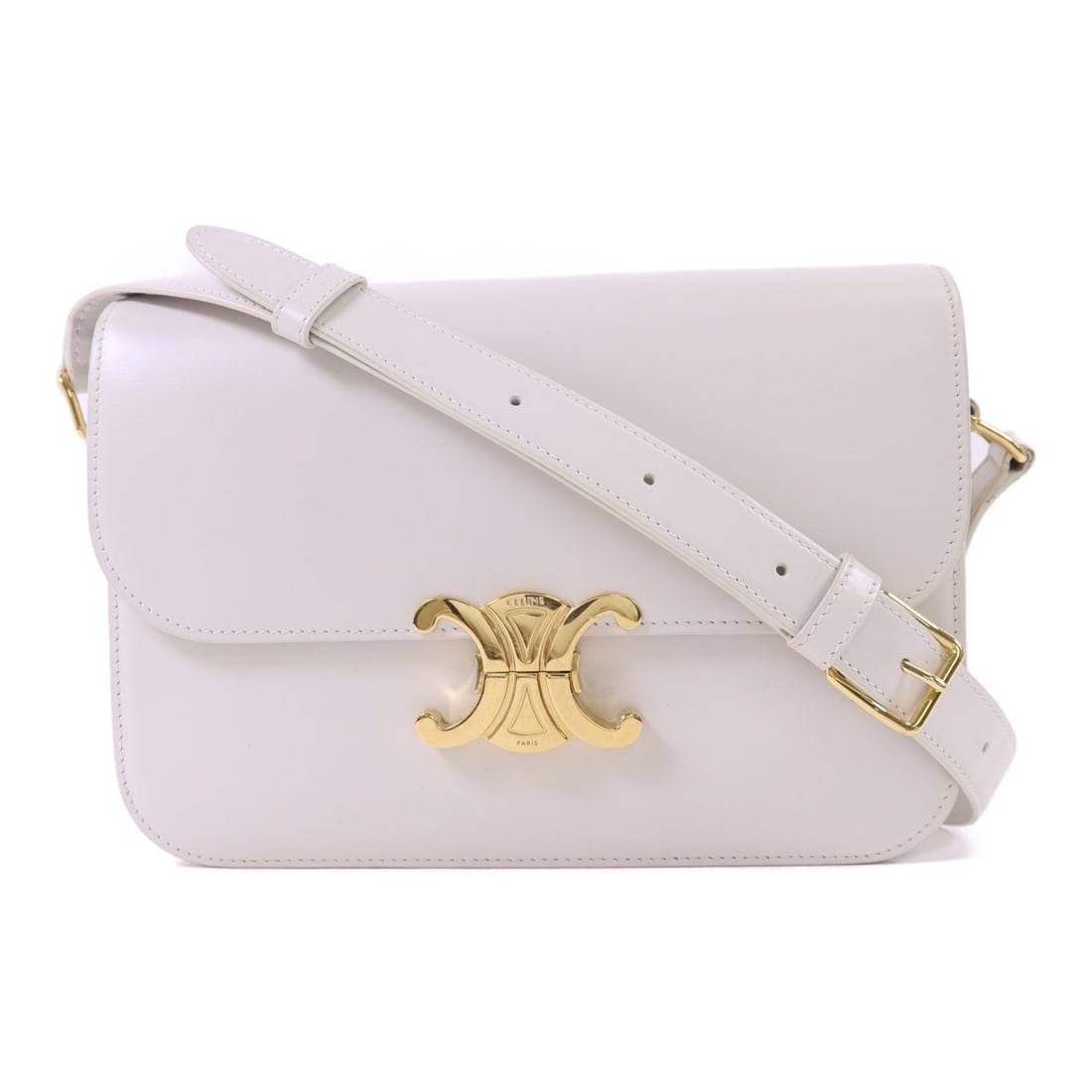 Teen Triomphe Shoulder Bag by CELINE White Calfskin with Gold Hardware: Teen Triomphe Shoulder Bag by CELINE White Calfskin with Gold Hardware This CELINE Teen Triomphe shoulder bag is crafted from white calfskin leather and features a classic design. The bag is sized for