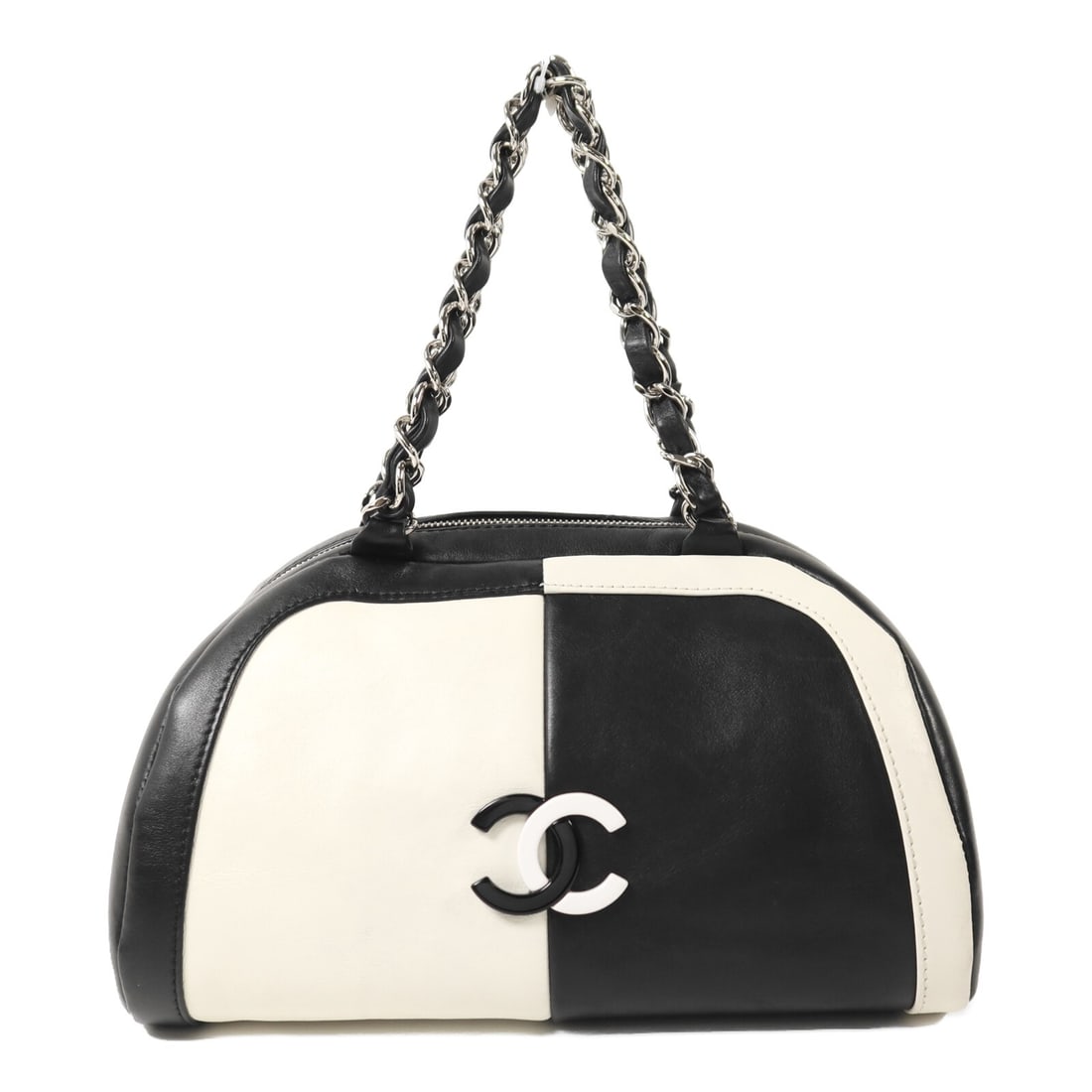 Chanel Boston Chain Handbag Black and White Lambskin Leather with Silver Tone Hardware: Chanel Boston Chain Handbag Black and White Lambskin Leather with Silver Tone Hardware This CHANEL Boston bag features the iconic CC design and is crafted from luxurious black lambskin leather with wh