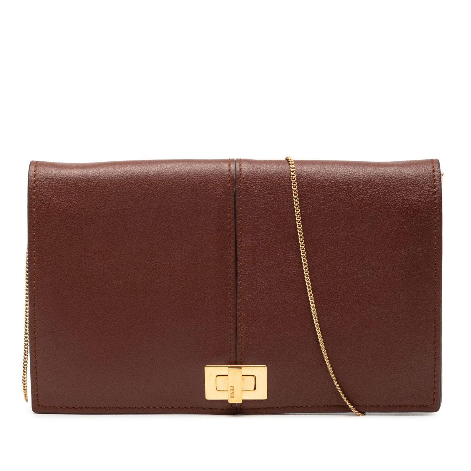Fendi Peekaboo Brown Leather Chain Strap Crossbody Bag: Fendi Peekaboo Brown Leather Chain Strap Crossbody Bag This Fendi Leather Peekaboo Chain Clutch showcases a brown leather exterior with a chain link strap and a front flap secured by a twist-lock clos
