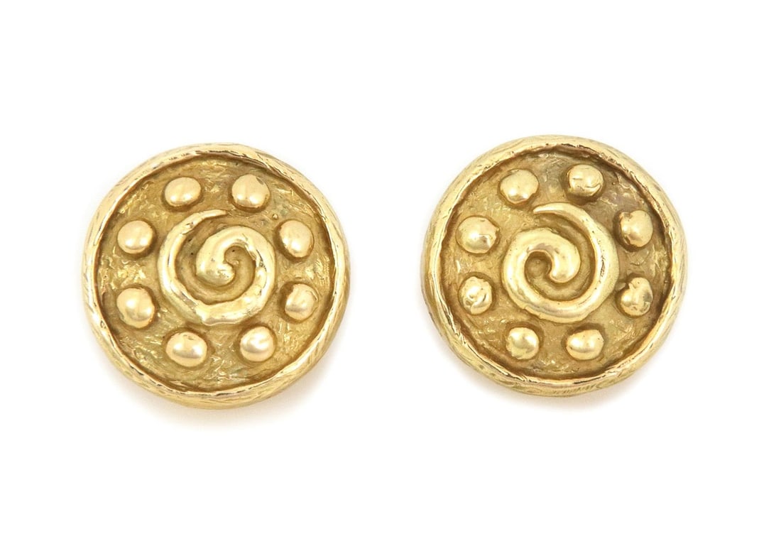 Katy Brisco Sacred Spiral 18k Gold 25mm Clip-On Earrings: Katy Brisco Sacred Spiral 18k Gold 25mm Clip-On Earrings Discover the elegance of these stunning clip-on earrings from Katy Briscoe's Sacred Spiral Collection. Crafted from 18k yellow gold, these earr