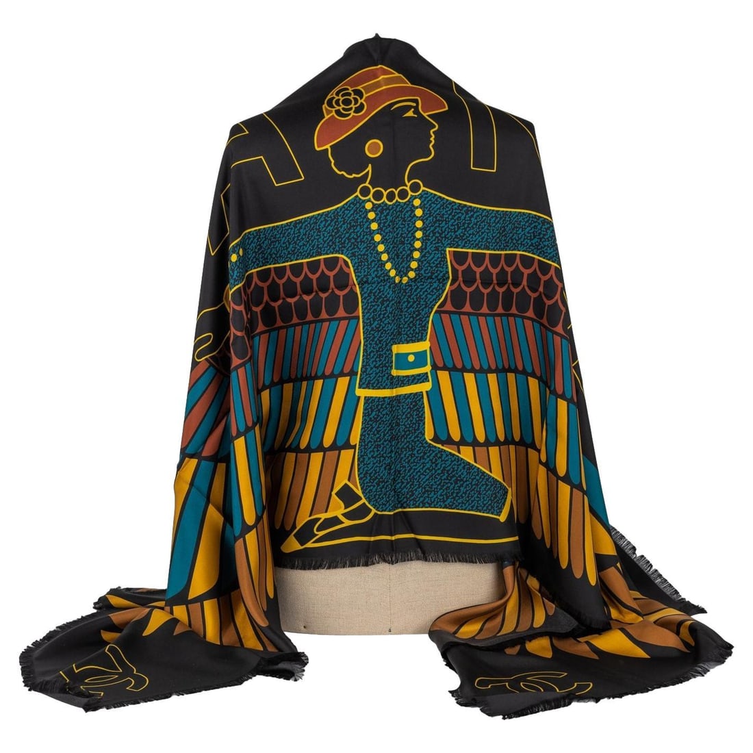 Chanel Black Silk Shawl Egyptian Collection with Pharaoh Design 27 x 76: Chanel Black Silk Shawl Egyptian Collection with Pharaoh Design 27 x 76 Elevate your wardrobe with this exquisite Chanel Egyptian Silk Shawl, a stunning piece from the iconic Chanel Egyptian collectio