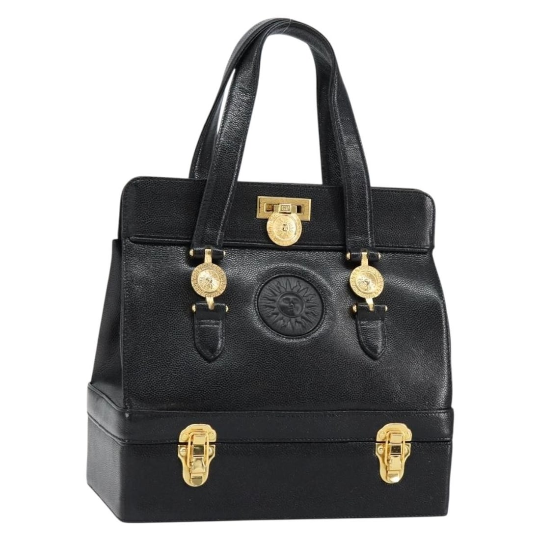 VERSACE Black Gold Leather Hand Bag Italy Auth BA7817 (1 of 18)
