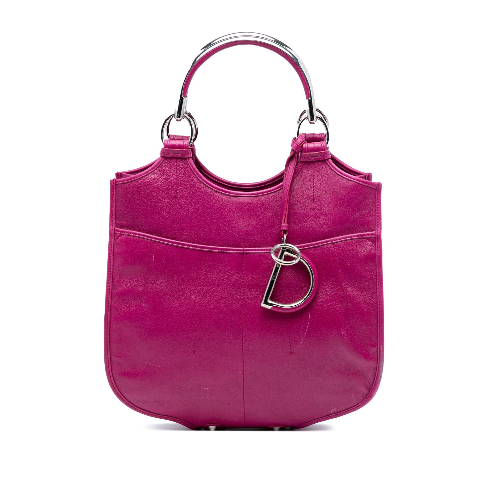 Dior Medium 61 Pink Leather Hobo Bag with Metal Handles: Dior Medium 61 Pink Leather Hobo Bag with Metal Handles This Dior Medium Leather 61 Hobo bag features a pink leather body with rolled metal handles and an open top secured by a clasp closure. It inclu