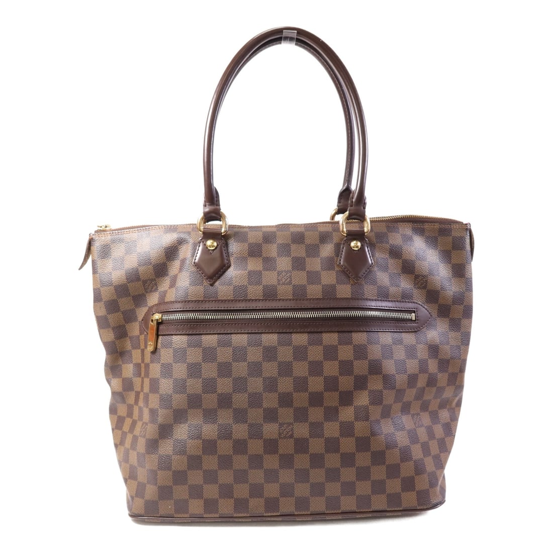 Damier Brown Saleya GM Handbag with Gold Hardware by Louis Vuitton: Damier Brown Saleya GM Handbag with Gold Hardware by Louis Vuitton This Louis Vuitton Saleya GM handbag features the brand's signature Damier pattern in brown and is crafted from PVC coated canvas. Th