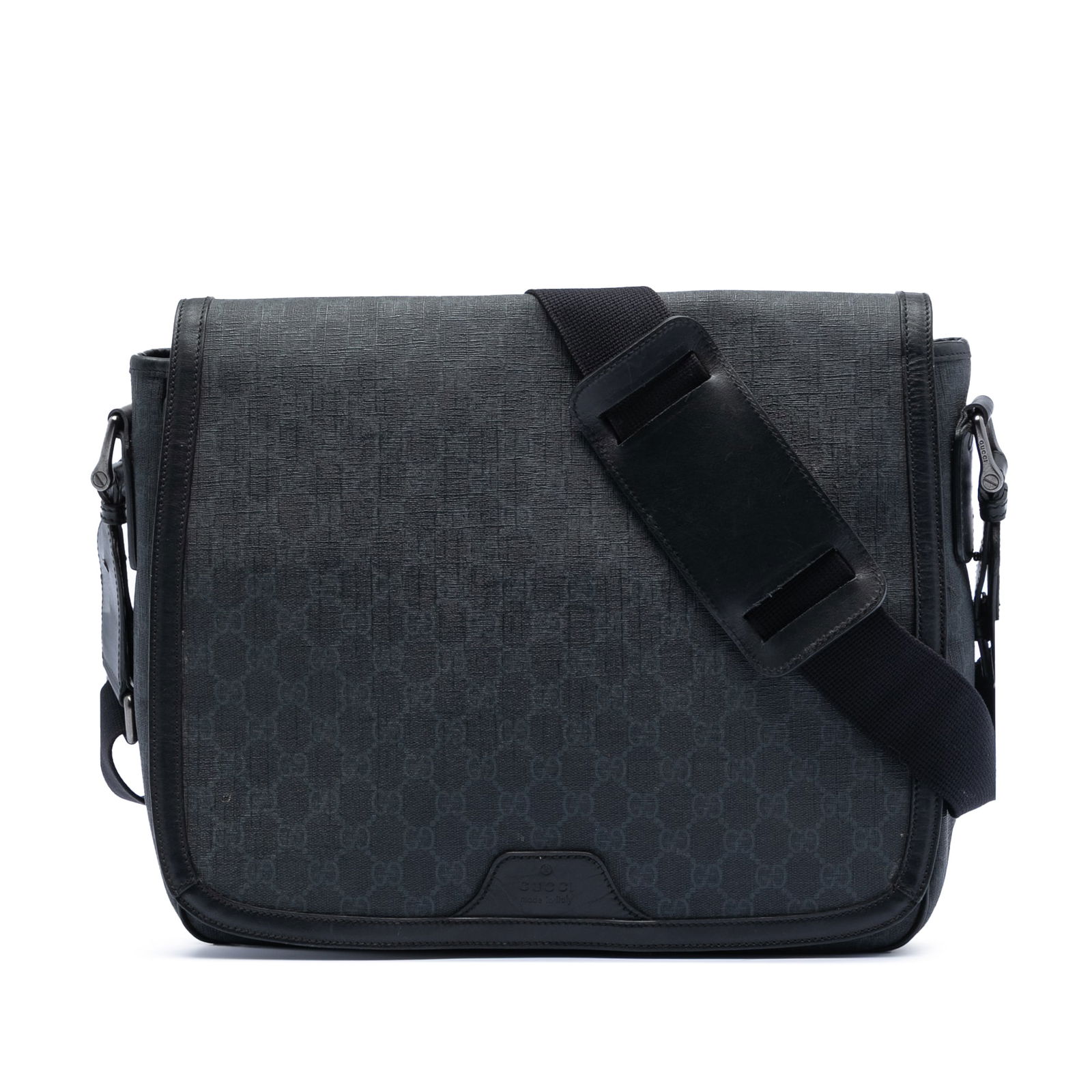 GG Supreme Black Crossbody with Leather Trim Adjustable Strap: GG Supreme Black Crossbody with Leather Trim Adjustable Strap This Gucci GG Supreme Messenger Bag features a coated canvas body with leather trim, an adjustable flat strap, a front flap with magnetic