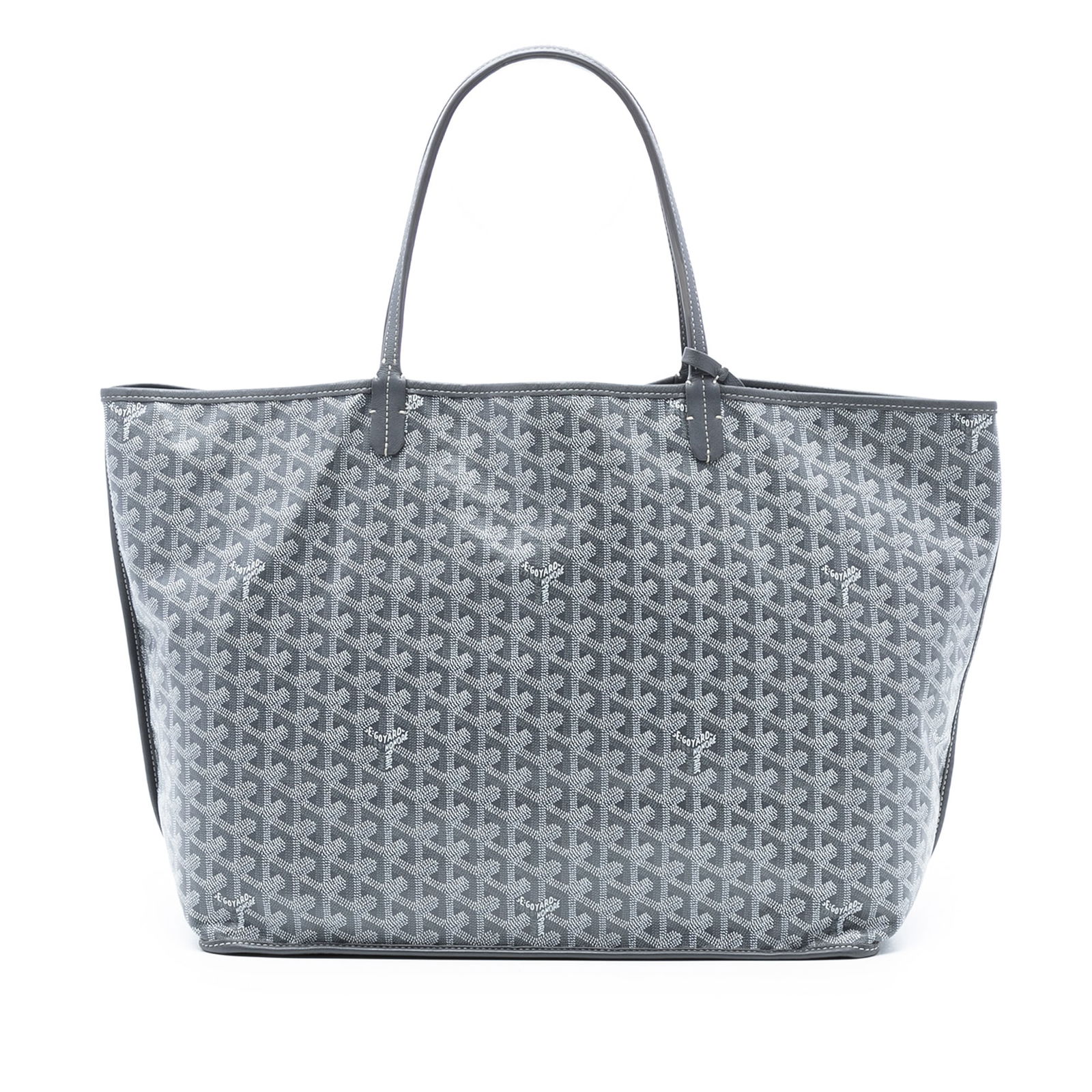 Goyard Saint Louis GM Tote Gray Coated Canvas with Pouch: Goyard Saint Louis GM Tote Gray Coated Canvas with Pouch This Goyardine Saint Louis GM tote features a coated canvas body with leather trim, flat leather handles, an open top, and includes a matching