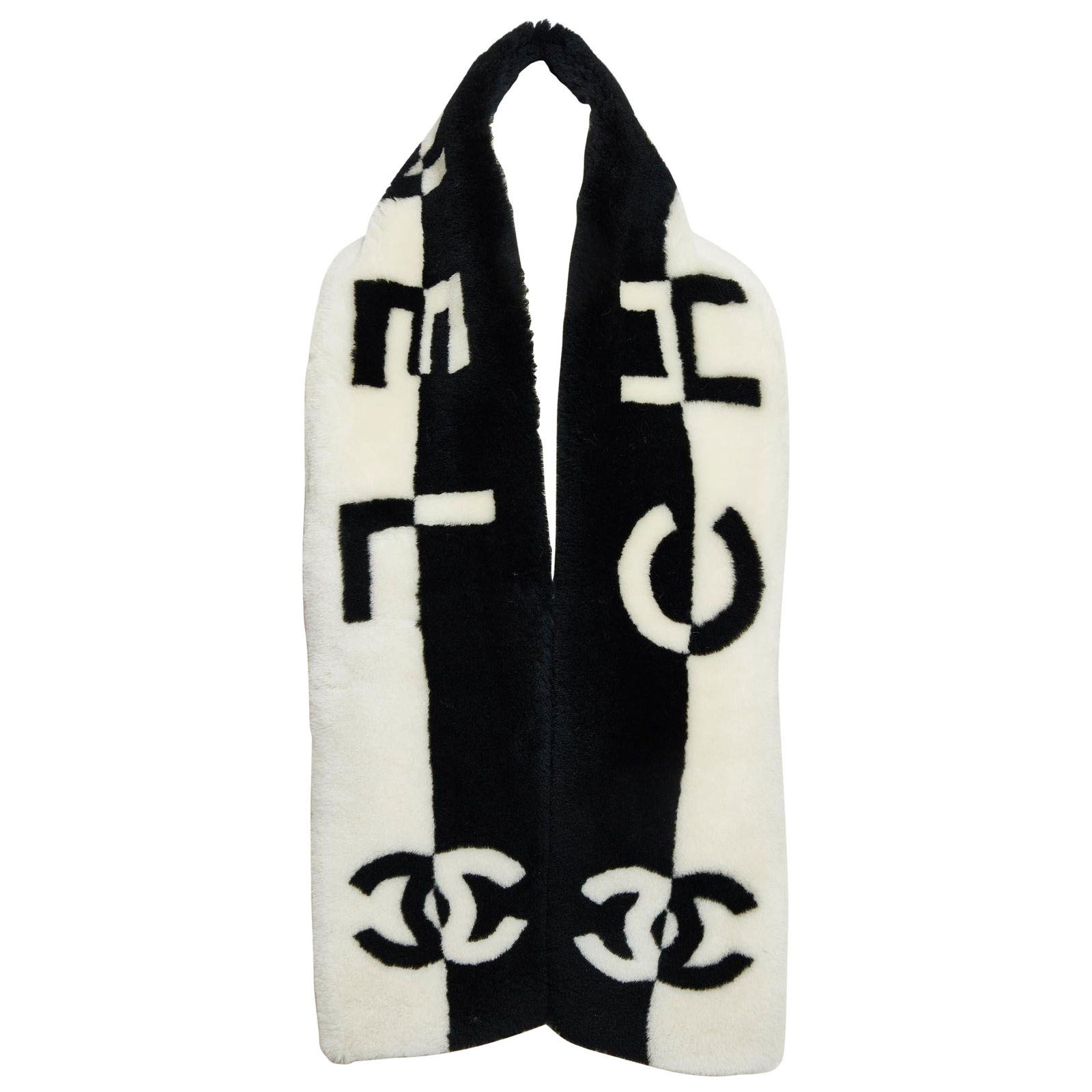 Chanel Black White Sheepskin Scarf with Cashmere Lining: Chanel Black White Sheepskin Scarf with Cashmere Lining Elevate your style with this exquisite Chanel black and white sheepskin scarf, showcasing the iconic Chanel letters and CC logo in a striking co