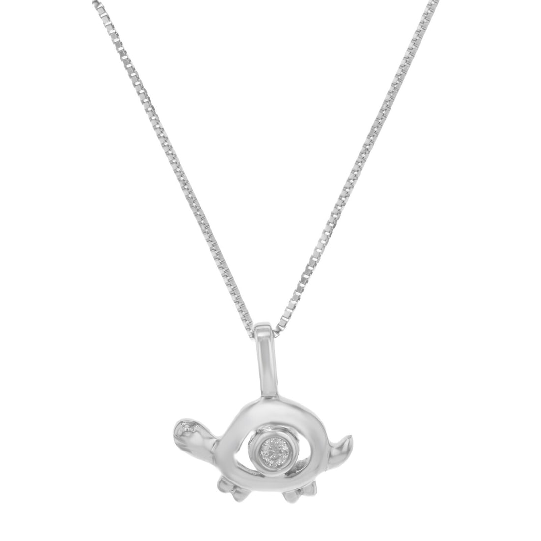 Damiani Bliss 18K White Gold Diamond Turtle Pendant Necklace 0.02cttw: Damiani Bliss 18K White Gold Diamond Turtle Pendant Necklace 0.02cttw This exquisite diamond turtle pendant necklace from Bliss by Damiani is crafted in 18K white gold and features a single round bril