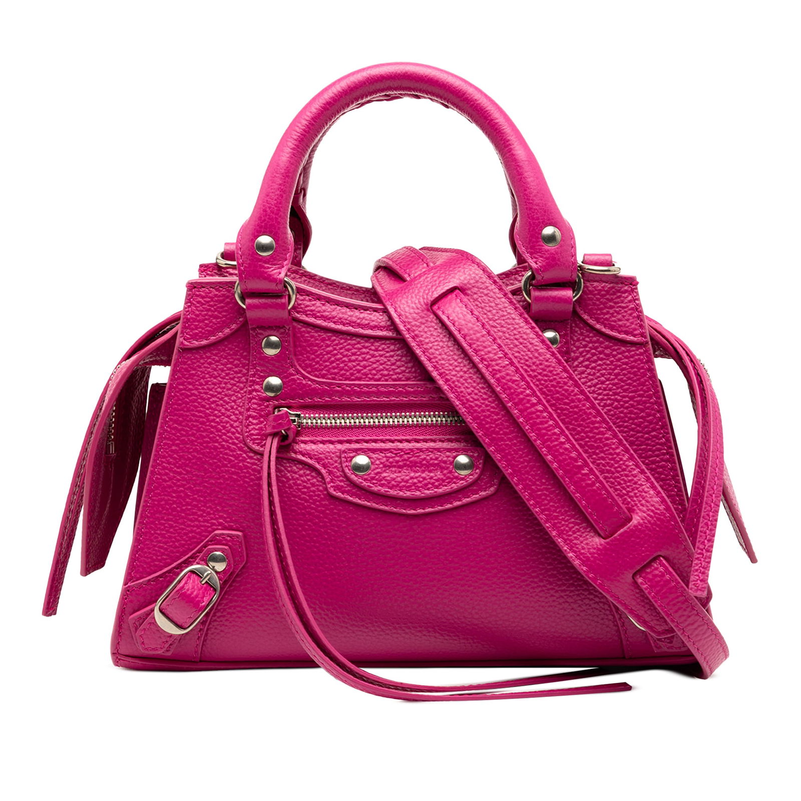 Mini Motocross Neo Classic City Pink Leather Satchel by Balenciaga: Mini Motocross Neo Classic City Pink Leather Satchel by Balenciaga This Balenciaga Mini Grained Calfskin Motocross Neo Classic City Satchel is crafted from pink leather and features rolled leather han