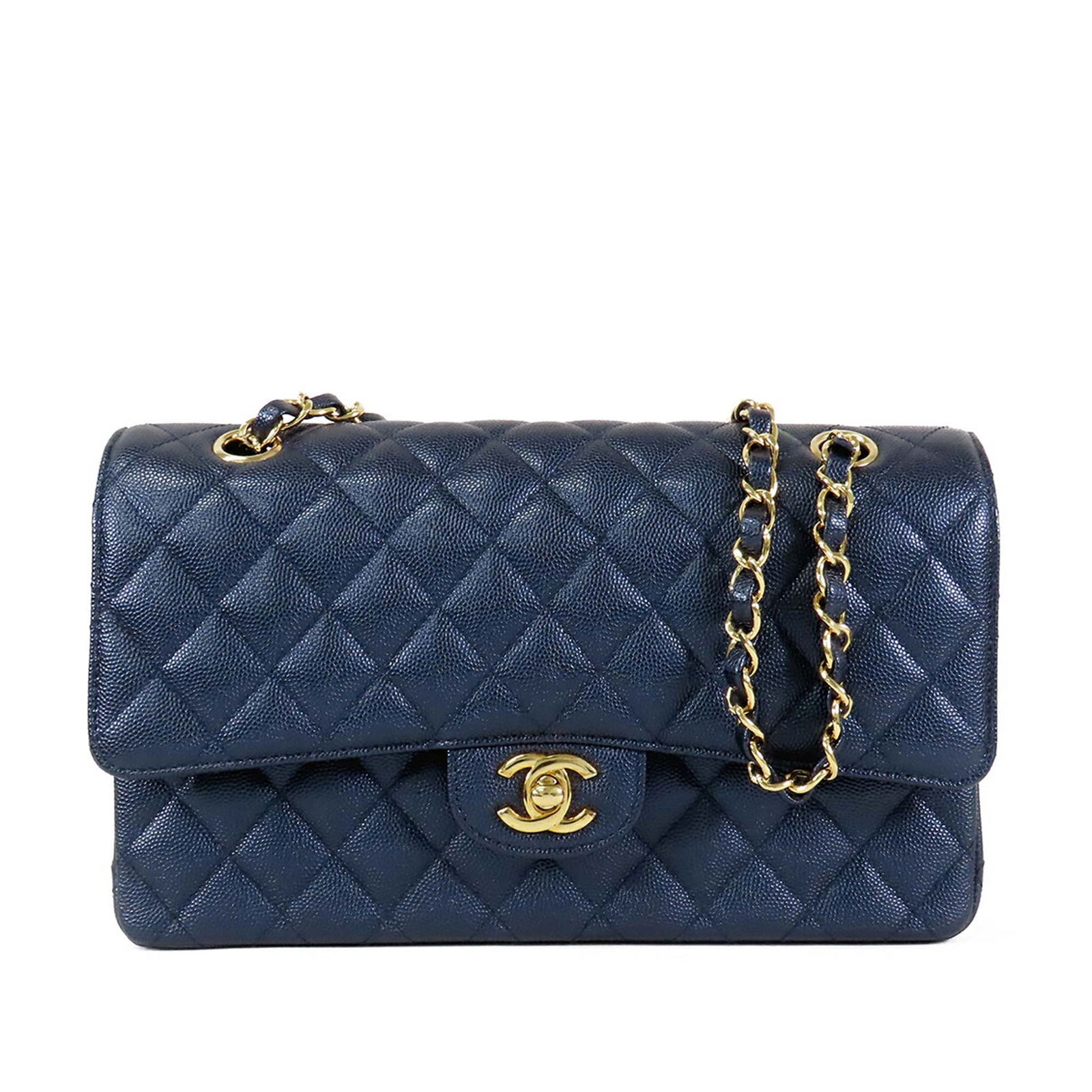 Blue Chanel Leather Quilted Shoulder Bag Medium Double Flap: Blue Chanel Leather Quilted Shoulder Bag Medium Double Flap This Chanel Medium Classic Caviar Double Flap shoulder bag features a quilted caviar leather body in blue, a leather-woven chain link strap,