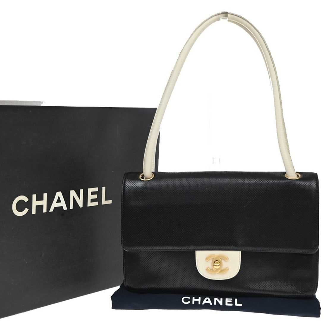 Black Perforated Leather Chanel Vintage CC Flap Shoulder Bag (1 of 14)