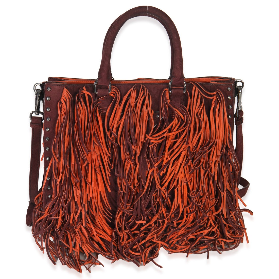 Prada Suede Fringe Shoulder Tote in Red and Orange with Removable Strap: Prada Suede Fringe Shoulder Tote in Red and Orange with Removable Strap This Prada vintage tote bag features a striking red and orange suede exterior with fringe detailing. Designed as a versatile sho