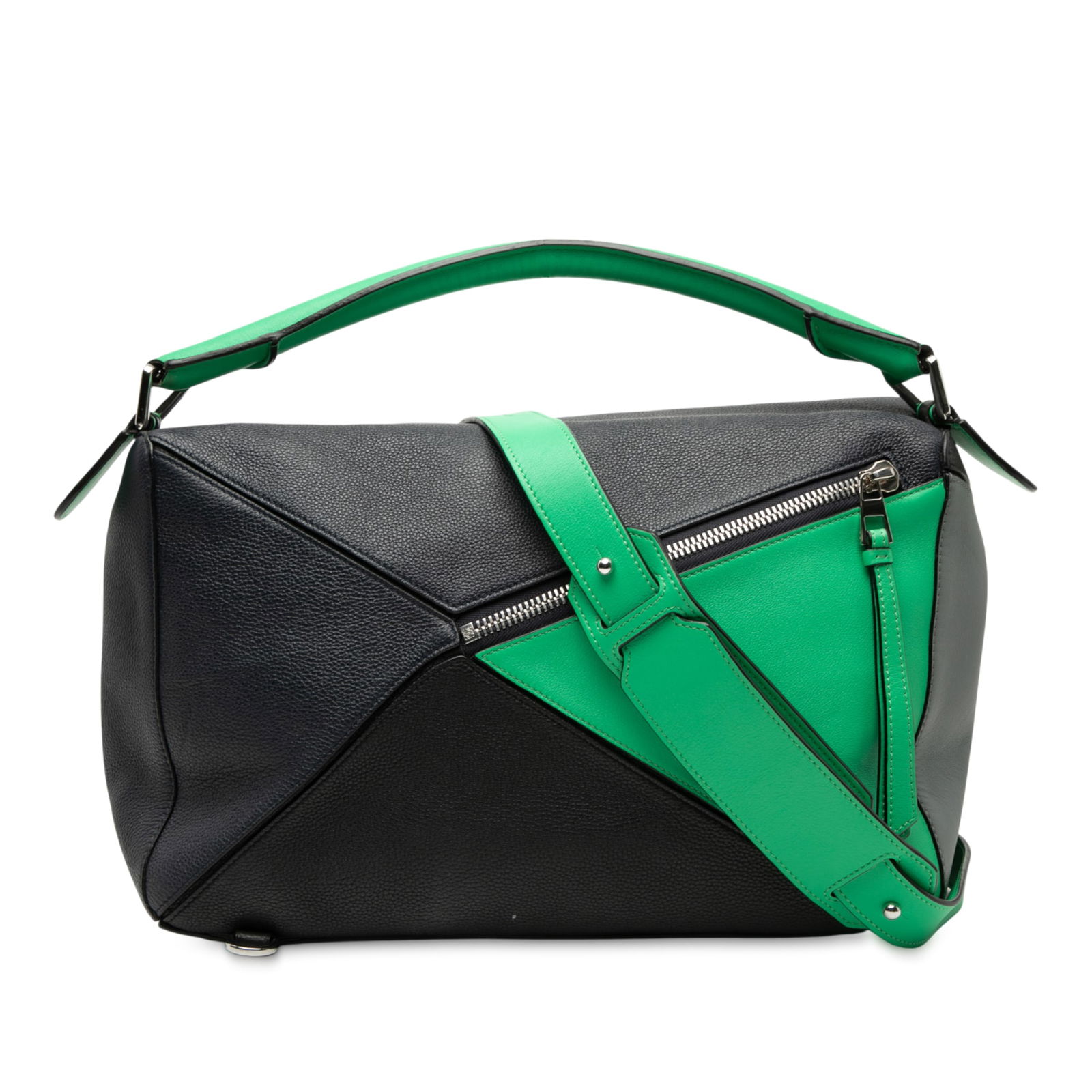 Large Loewe Puzzle Satchel in Multicolor Calfskin Leather with Top Handle: Large Loewe Puzzle Satchel in Multicolor Calfskin Leather with Top Handle This LOEWE Large Multicolor Calfskin Puzzle Satchel features a distinctive multicolor leather body with a flat leather top han