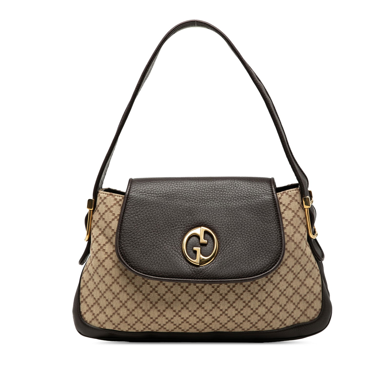 Brown Diamante Canvas 1973 Shoulder Purse with Leather Trim by Gucci: Brown Diamante Canvas 1973 Shoulder Purse with Leather Trim by Gucci This Gucci Diamante Canvas 1973 Shoulder Bag features a durable canvas body accented with leather trim. The bag is designed with a