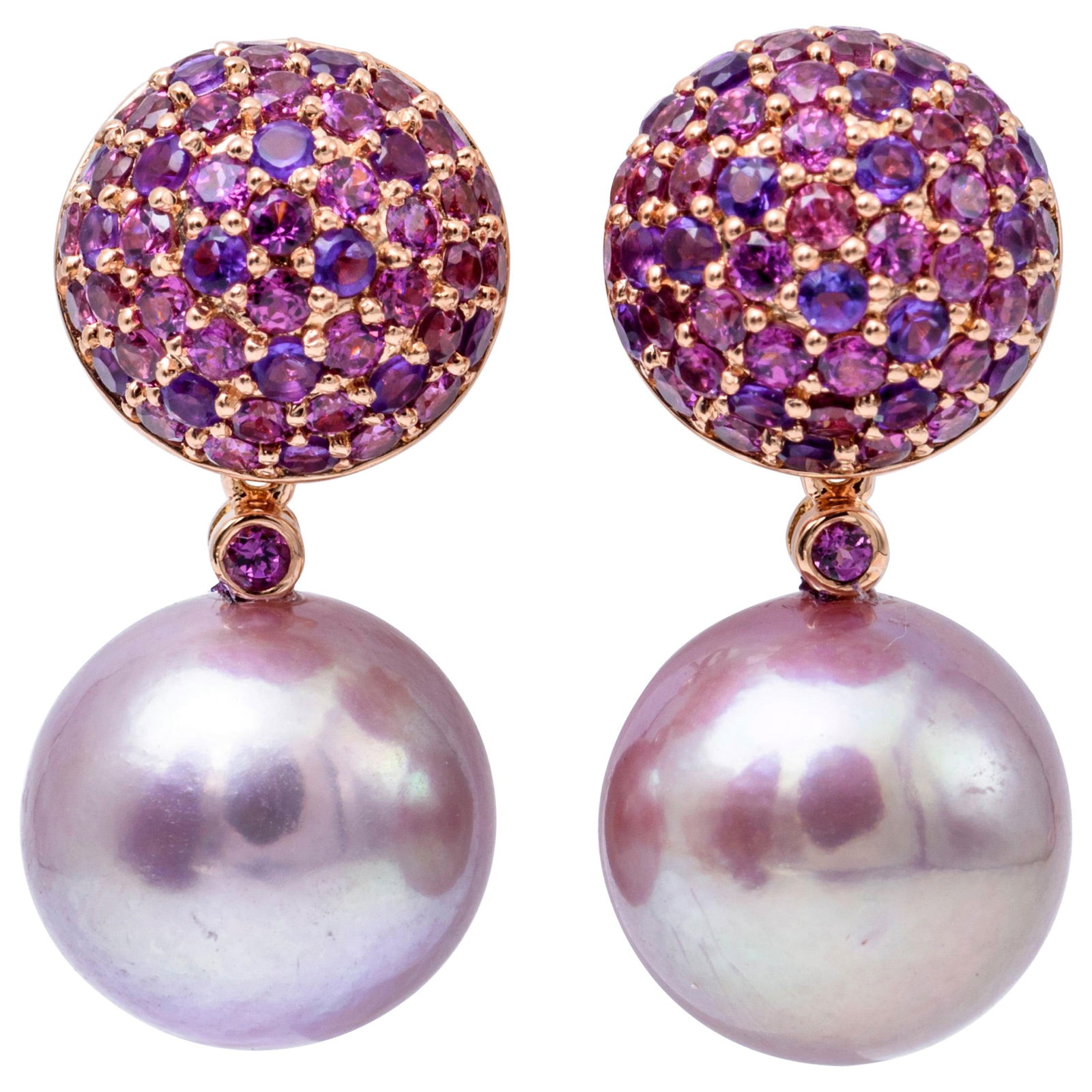 Harbor Diamonds 18K Rose Gold Pearl Amethyst Rhodolite Drop Earrings 2.80 Carat: Harbor Diamonds 18K Rose Gold Pearl Amethyst Rhodolite Drop Earrings 2.80 Carat Elevate your style with these stunning drop earrings crafted in 18K rose gold. Each earring features two exquisite fresh