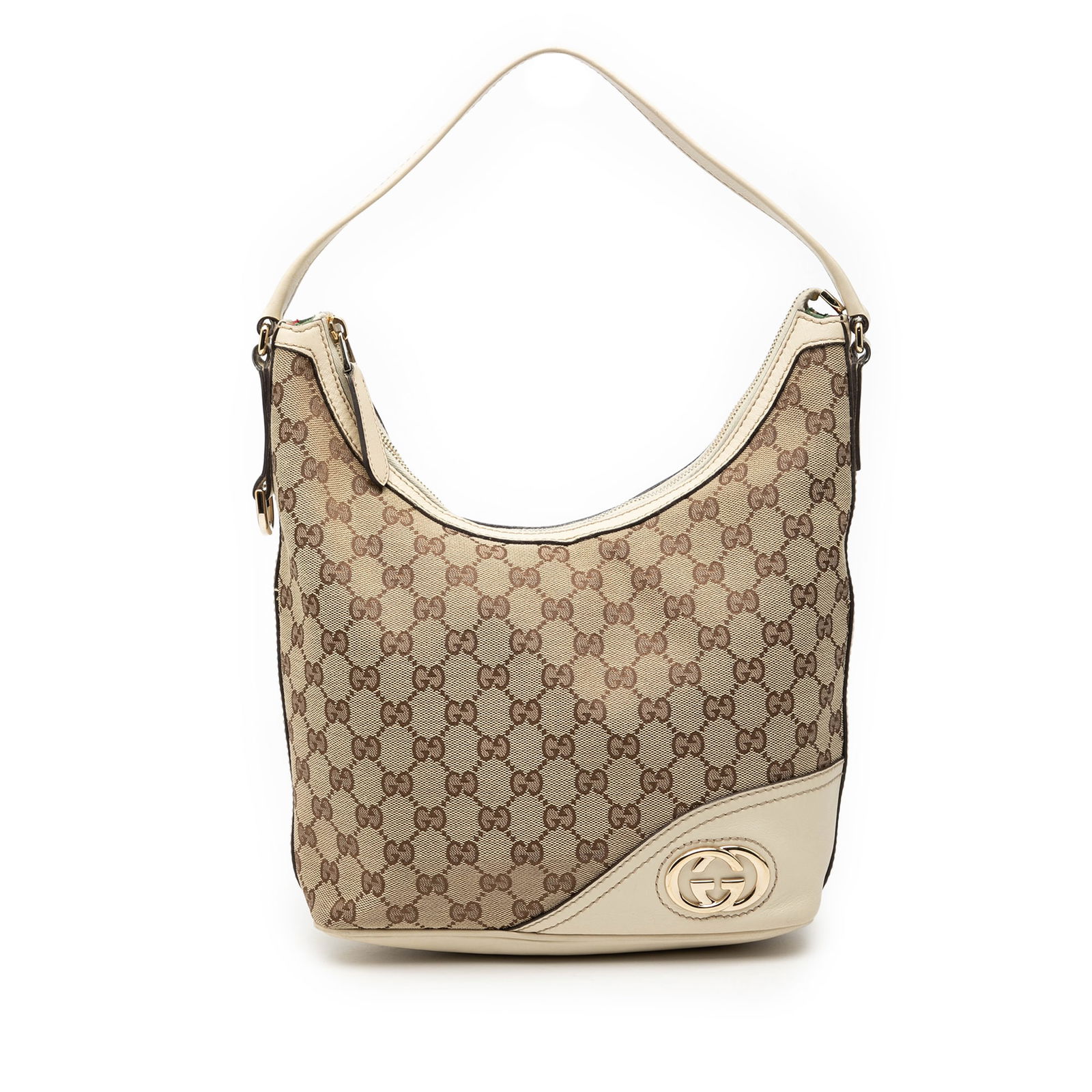 Brown GG Canvas New Britt Shoulder Bag by Gucci with Leather Trim: Brown GG Canvas New Britt Shoulder Bag by Gucci with Leather Trim This Gucci GG Canvas New Britt Shoulder Bag features a brown canvas body with leather trim, a flat leather strap, a top zip closure, a