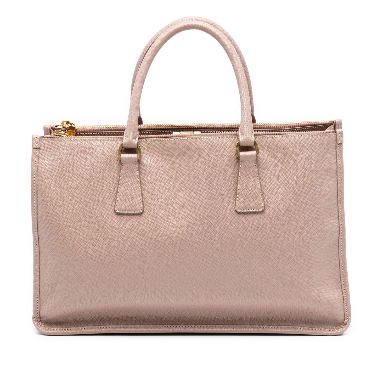Brown Prada Saffiano Lux Leather Tote with Double Zip Compartments: Brown Prada Saffiano Lux Leather Tote with Double Zip Compartments This Prada Saffiano Lux Double Zip Frame Tote features a saffiano leather body in brown, rolled leather handles, an open top, a cente