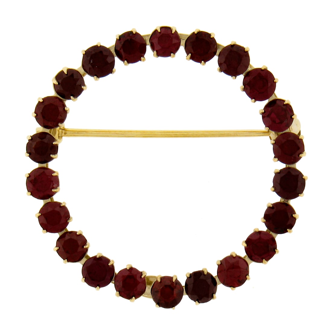Vintage Carl Art 14k Gold 3.3ct Garnet Wreath Circle Brooch: Vintage Carl Art 14k Gold 3.3ct Garnet Wreath Circle Brooch This exquisite vintage retro brooch is crafted from solid 14k yellow gold and features a stunning wreath circle design. Adorned with 22 roun
