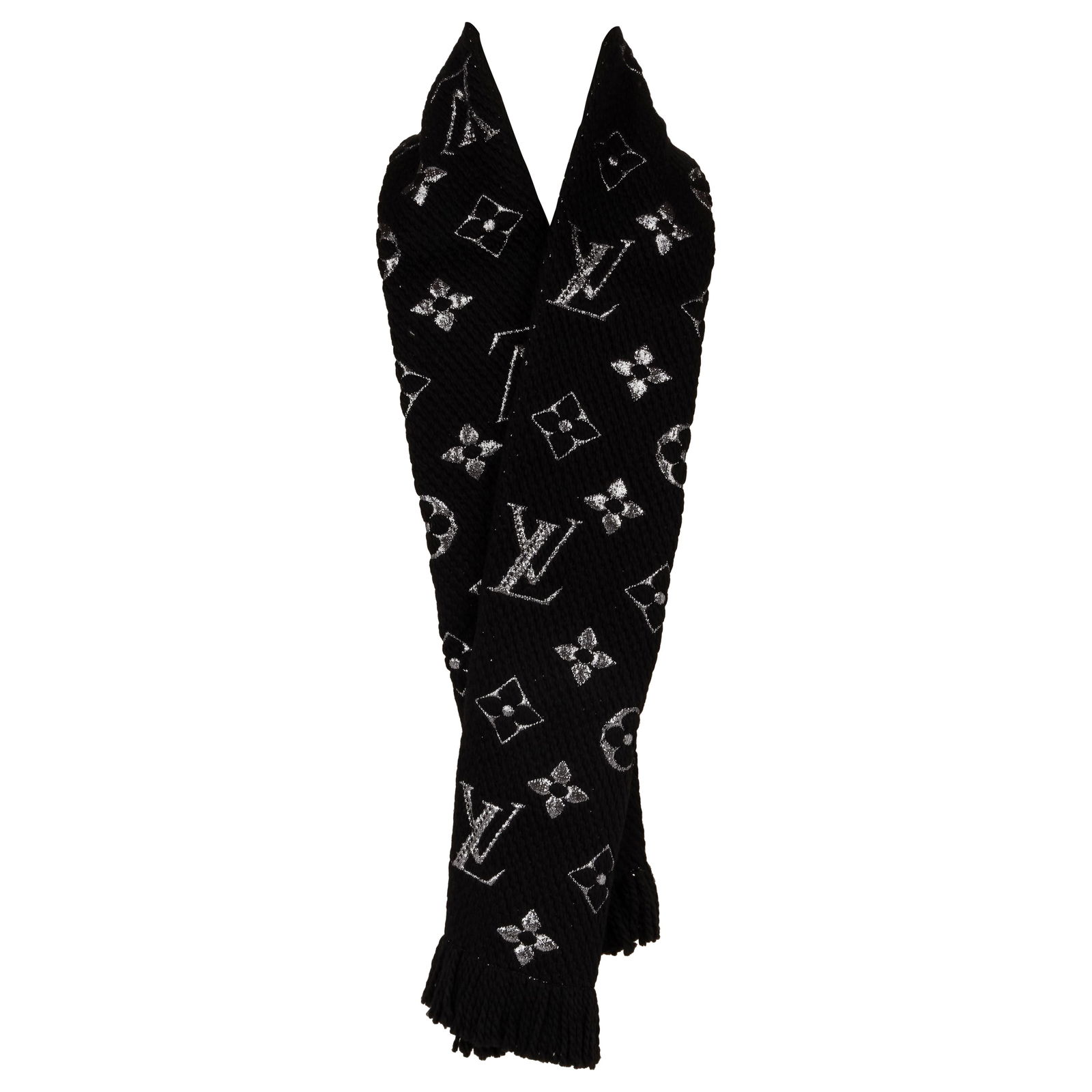 Louis Vuitton Black Logo Metallic Woven Scarf with Fringe: Louis Vuitton Black Logo Metallic Woven Scarf with Fringe Elevate your accessory collection with this exquisite Louis Vuitton Black Logo Metallic Woven Scarf. Crafted from a luxurious blend of wool an