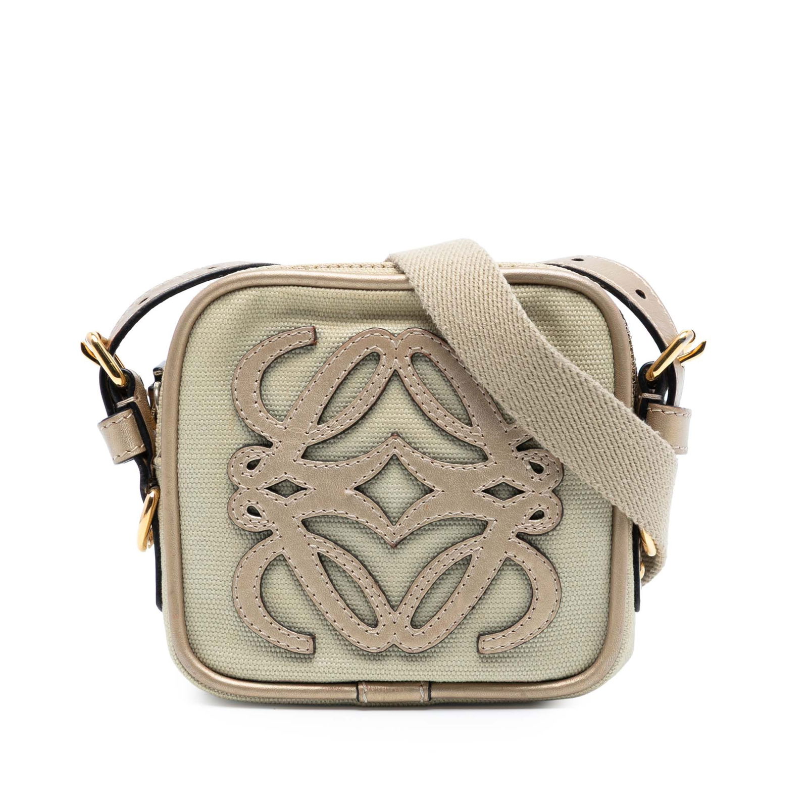 Loewe Mini Anagram Canvas Bag with Leather Trim and Crossbody Strap: Loewe Mini Anagram Canvas Bag with Leather Trim and Crossbody Strap This LOEWE Mini Canvas Anagram Crossbody bag features a brown canvas body with leather trim, a flat canvas shoulder strap, a top zip
