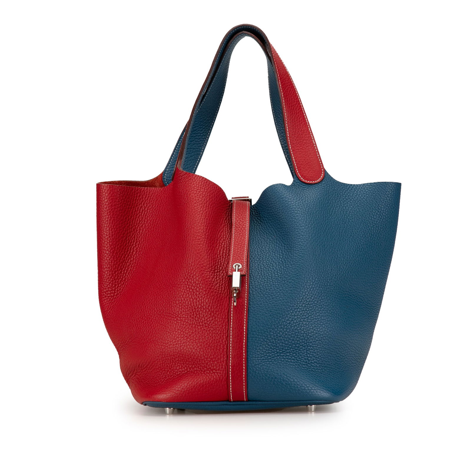 Hermes Bicolor Clemence Picotin Lock 22 Blue Leather Handbag: Hermes Bicolor Clemence Picotin Lock 22 Blue Leather Handbag The Hermes Bicolor Clemence Picotin Lock 22 is a sophisticated handbag crafted from premium leather. It features a sleek leather body compl