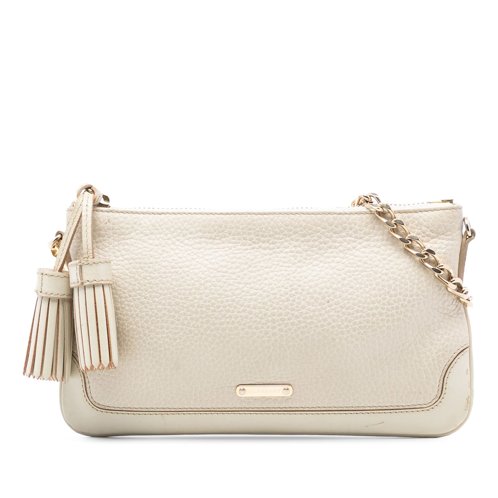 Burberry Brown Leather Crossbody Bag with Chain and Tassel Detail: Burberry Brown Leather Crossbody Bag with Chain and Tassel Detail This Burberry crossbody bag features a brown leather body with a tassel detail, a chain link and flat leather shoulder strap, a top zi