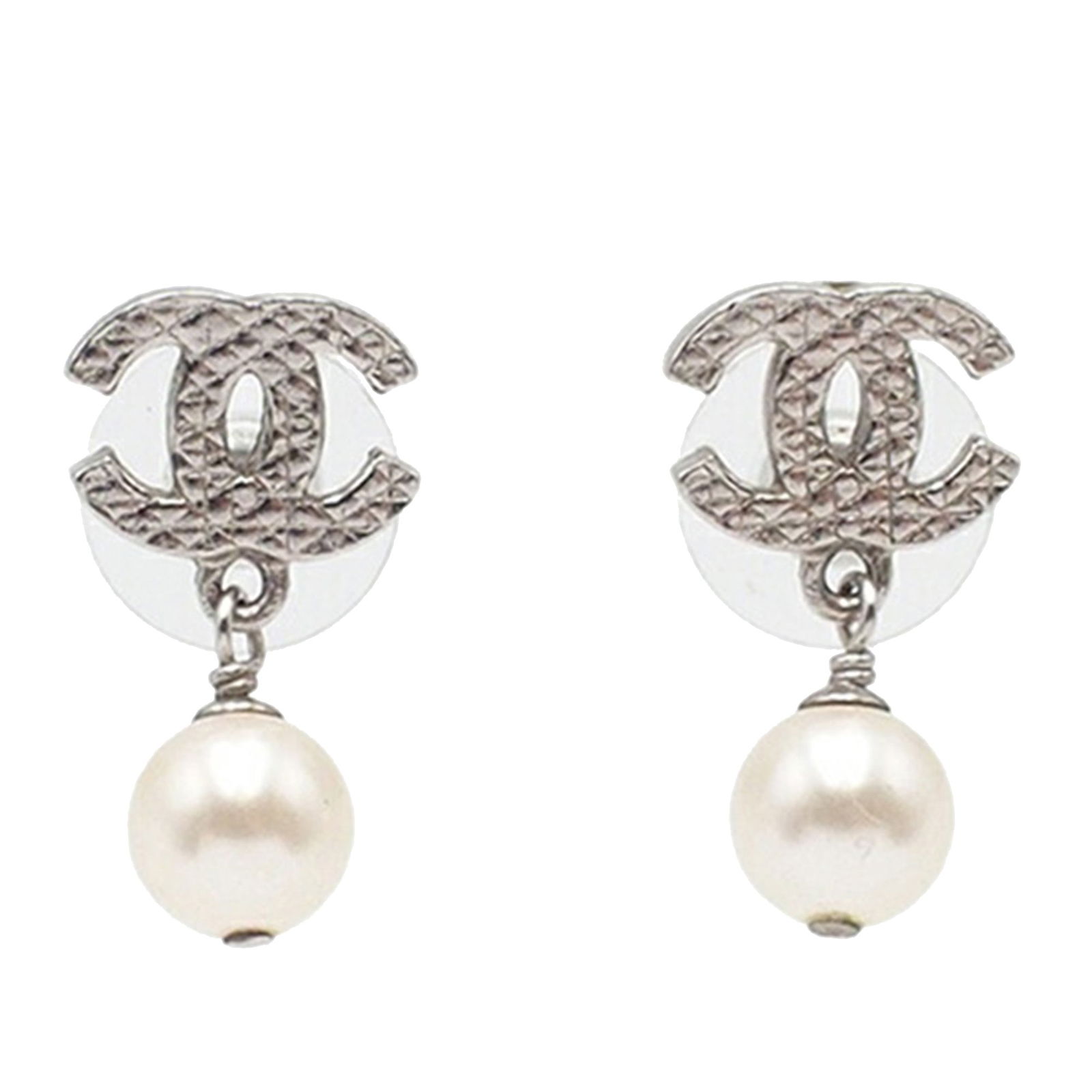 Chanel Faux Pearl Silver Tone Drop Earrings with Push Back Closure (1 of 9)