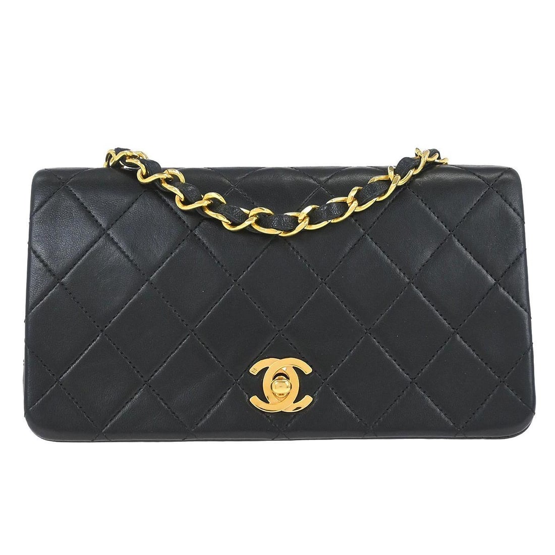 Single Chain Mini Full Flap Matelasse Lambskin Shoulder Bag by Chanel: Single Chain Mini Full Flap Matelasse Lambskin Shoulder Bag by Chanel This Chanel Mini Full Flap Shoulder Bag is crafted from black lambskin leather with a quilted matelasse pattern. It features a