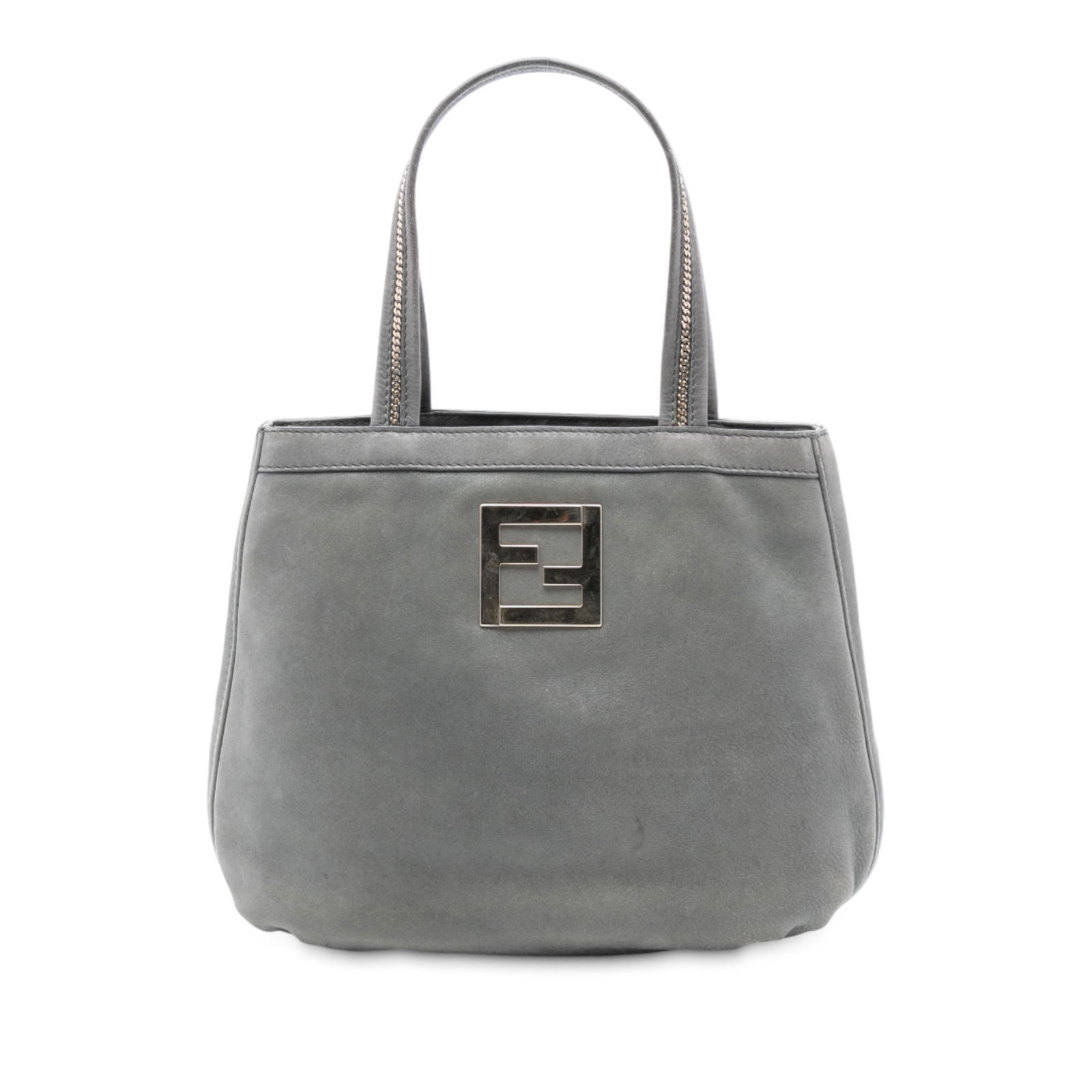 Fendi FF Chains Tote Bag in Gray Nubuck Leather with Chain Handles: Fendi FF Chains Tote Bag in Gray Nubuck Leather with Chain Handles This Fendi Nubuck FF Chains Tote features a gray nubuck leather body with flat leather handles accented by chain details. The design