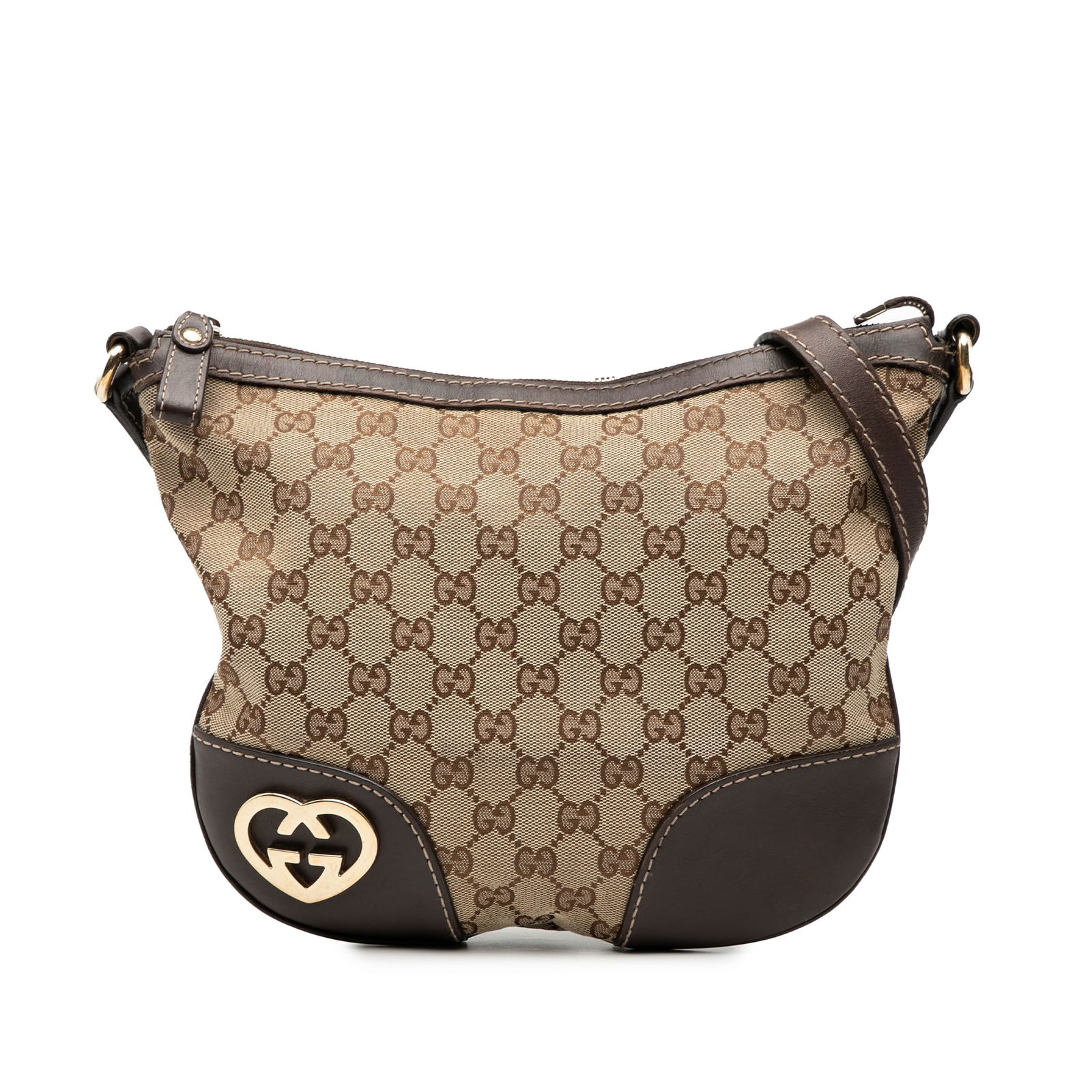 Brown Gucci GG Canvas Lovely Shoulder Bag with Leather Trim: Brown Gucci GG Canvas Lovely Shoulder Bag with Leather Trim This Gucci GG Canvas Lovely Crossbody bag features a durable canvas body with leather trim, a flat leather strap, and a top zip closure. The