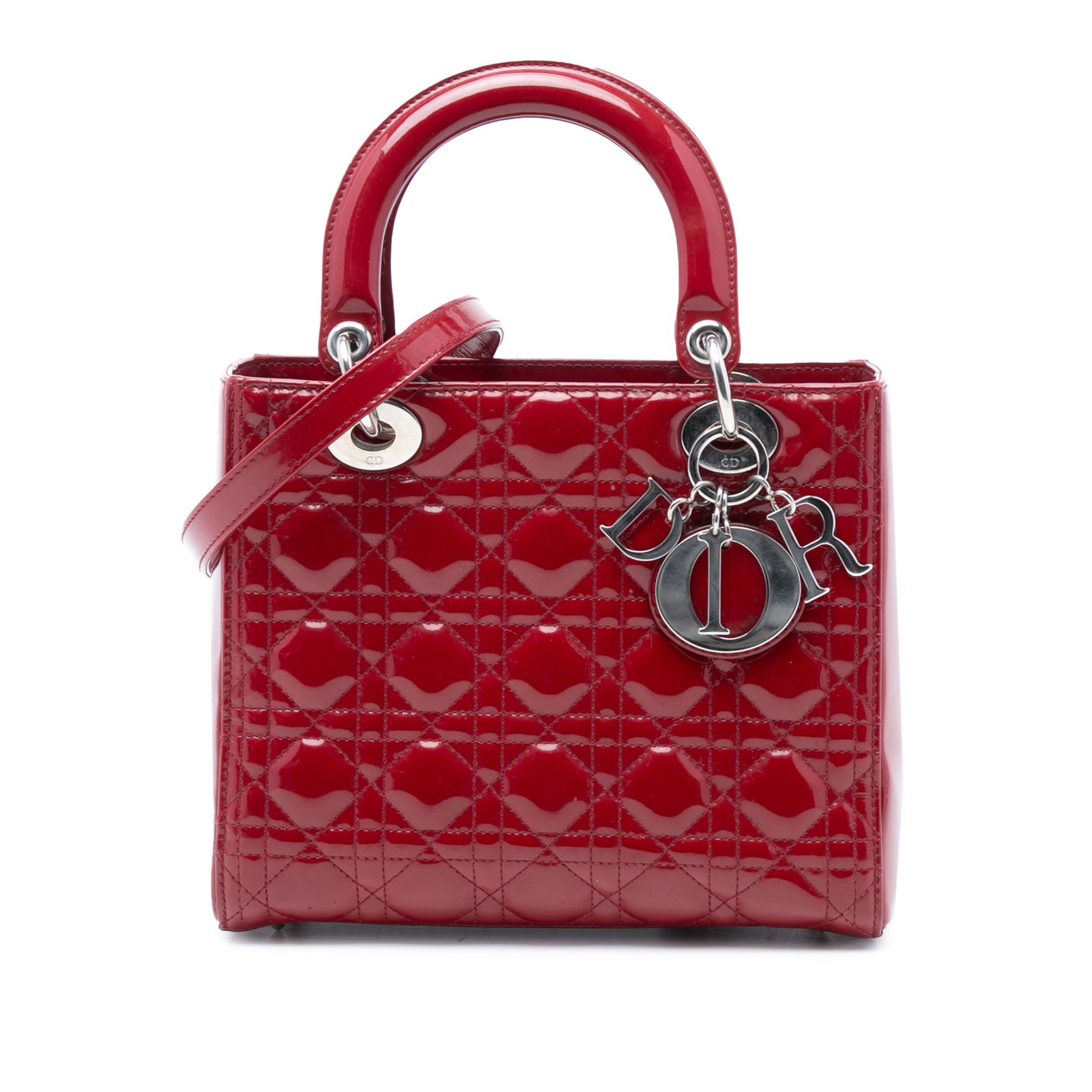 Dior Lady Dior Medium Patent Cannage Red Quilted Leather Shoulder Bag: Dior Lady Dior Medium Patent Cannage Red Quilted Leather Shoulder Bag This Lady Dior handbag features a quilted patent leather body in red, flat leather top handles, a detachable flat leather strap, a