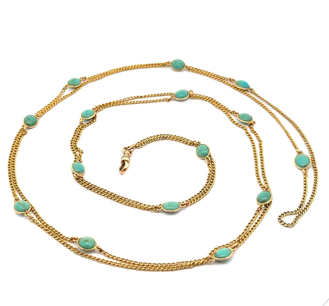 Vintage 20k Yellow Gold Turquoise Station Long Wrap Necklace 29.5in: Vintage 20k Yellow Gold Turquoise Station Long Wrap Necklace 29.5in This exquisite vintage necklace features a stunning long wrap design crafted from solid 20k yellow gold. It showcases a natural genu