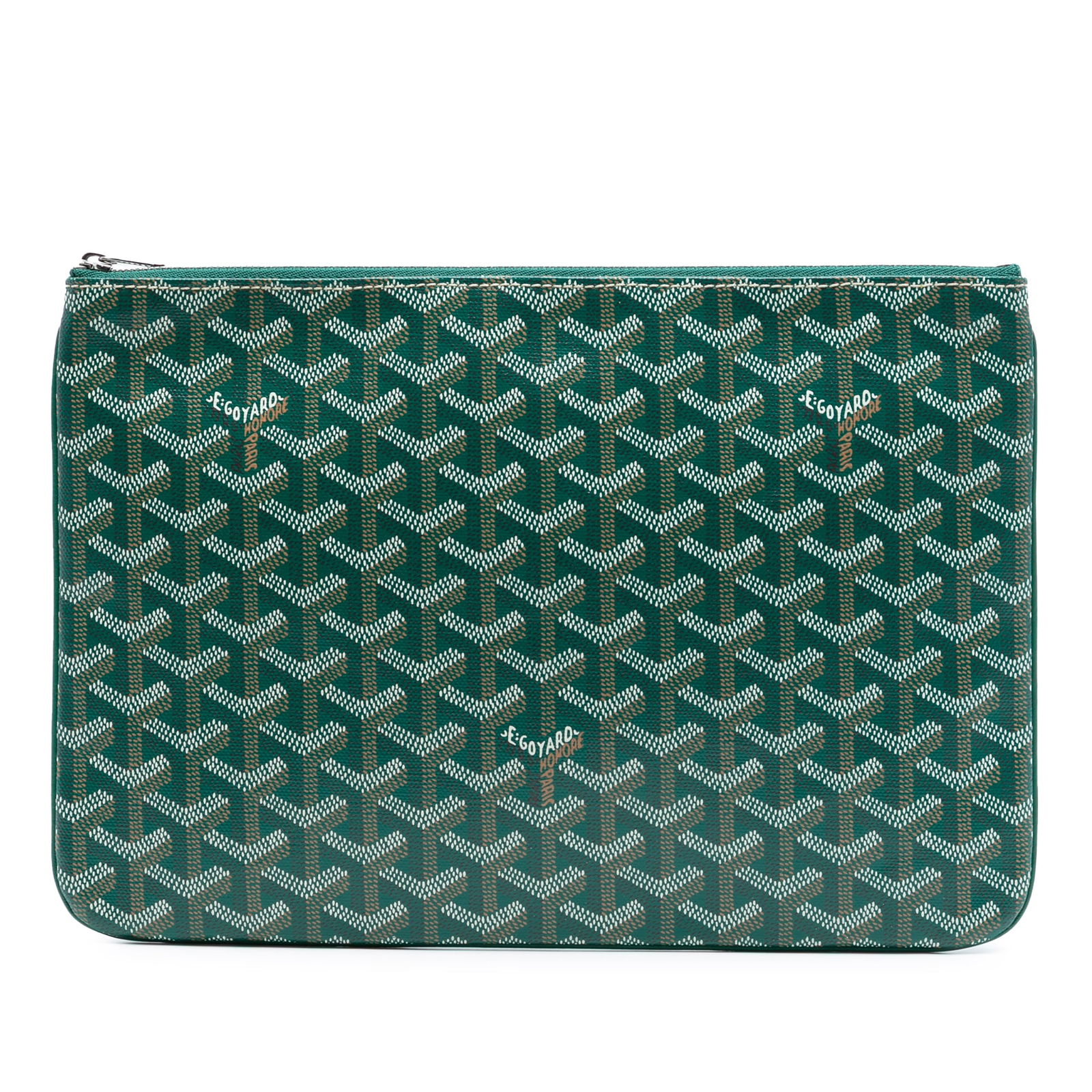 Goyard Goyardine Senat MM Green Coated Canvas Pouch with Zip Closure: Goyard Goyardine Senat MM Green Coated Canvas Pouch with Zip Closure The Goyardine Senat MM features a green coated canvas body with a top zip closure and an interior slip pocket. The exterior corners