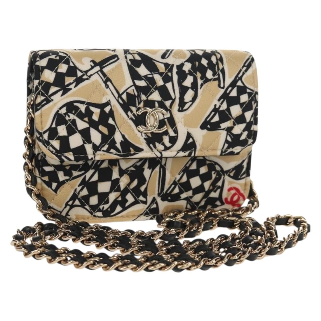 Chanel Flap Card Holder Satin Quilted Chain Shoulder Bag Beige: Chanel Flap Card Holder Satin Quilted Chain Shoulder Bag Beige This Chanel Flap Card Holder on Chain for women features a beige satin quilted printed canvas design. Crafted in Italy, it offers a compa